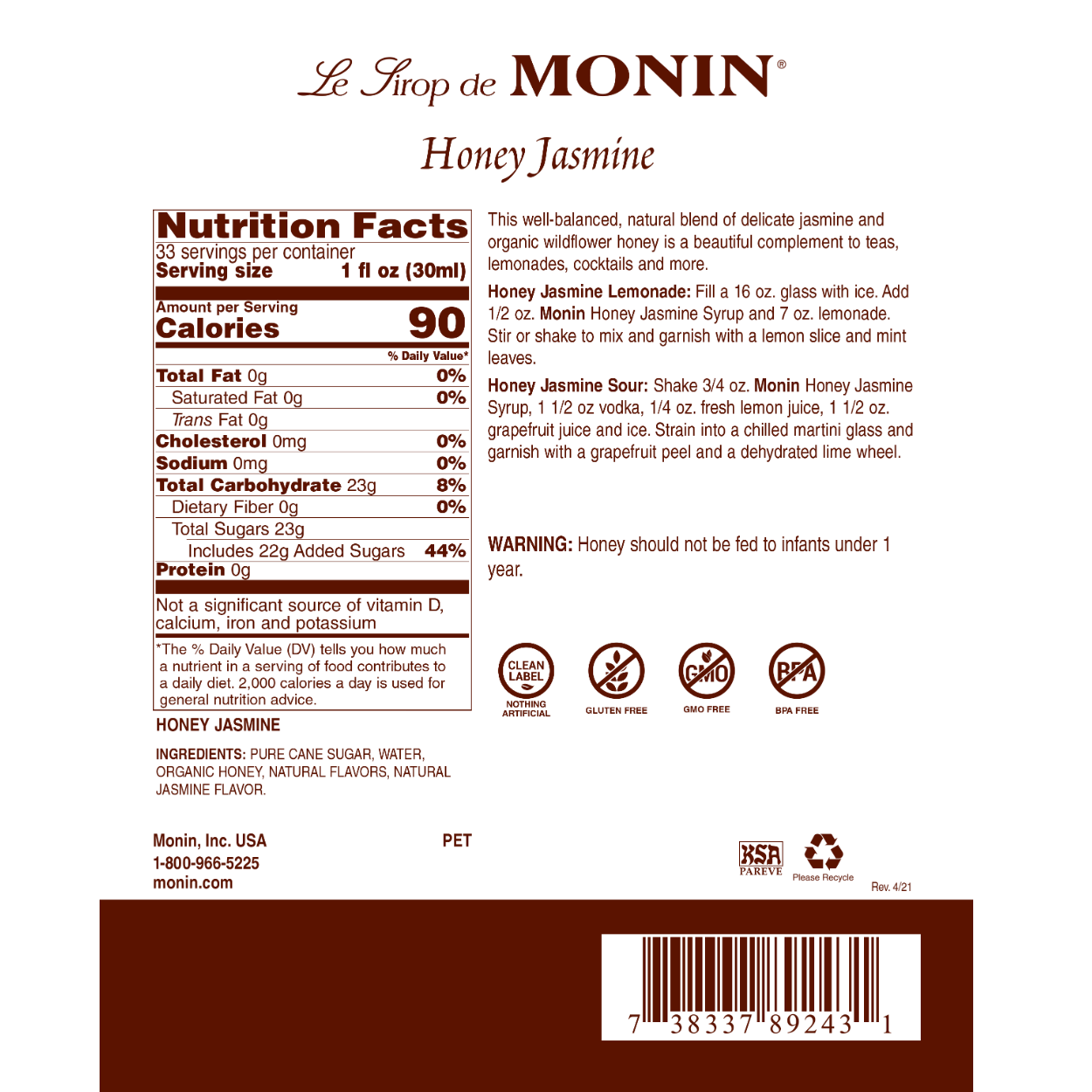 Monin Honey Jasmine Syrup - Premium Floral Syrup for Cocktails, Coffee & Tea | Perfect for Mixology, Barista Drinks & Home Beverages
