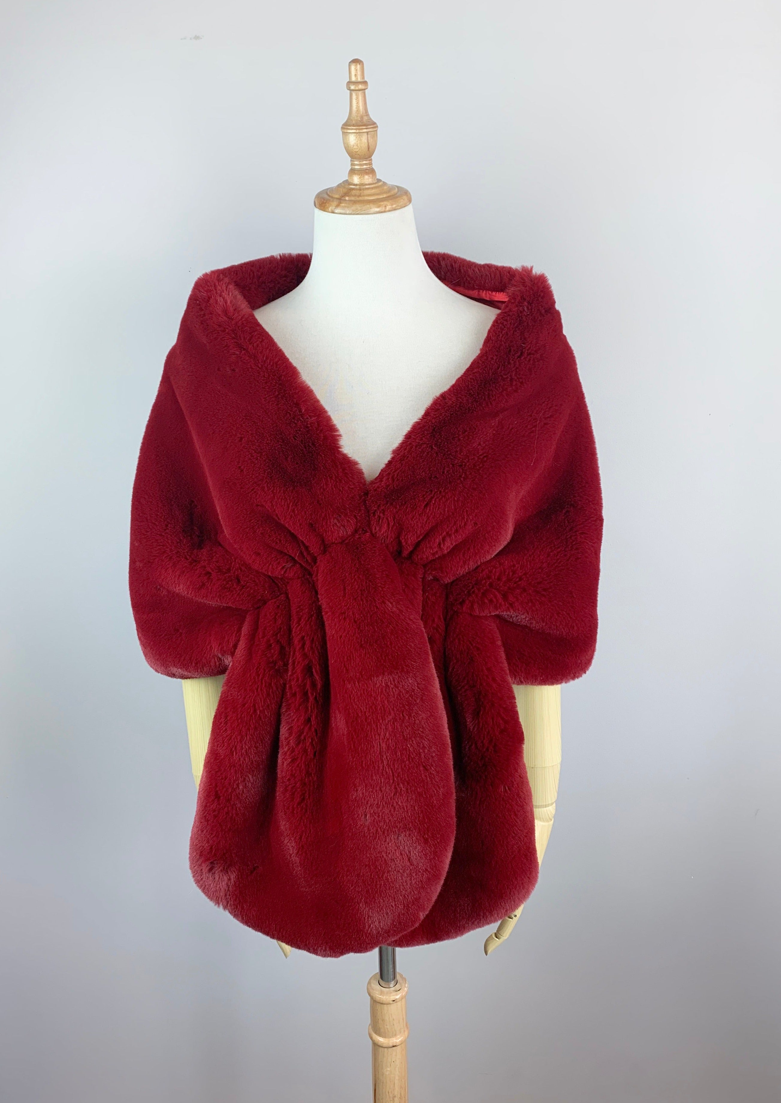 Red Bridal Fur Shawl with Fleece Lining - Warm Winter Wedding Accessory for Brides, Audrey Red05 - Perfect for Outdoor Ceremonies & Photo Shoots