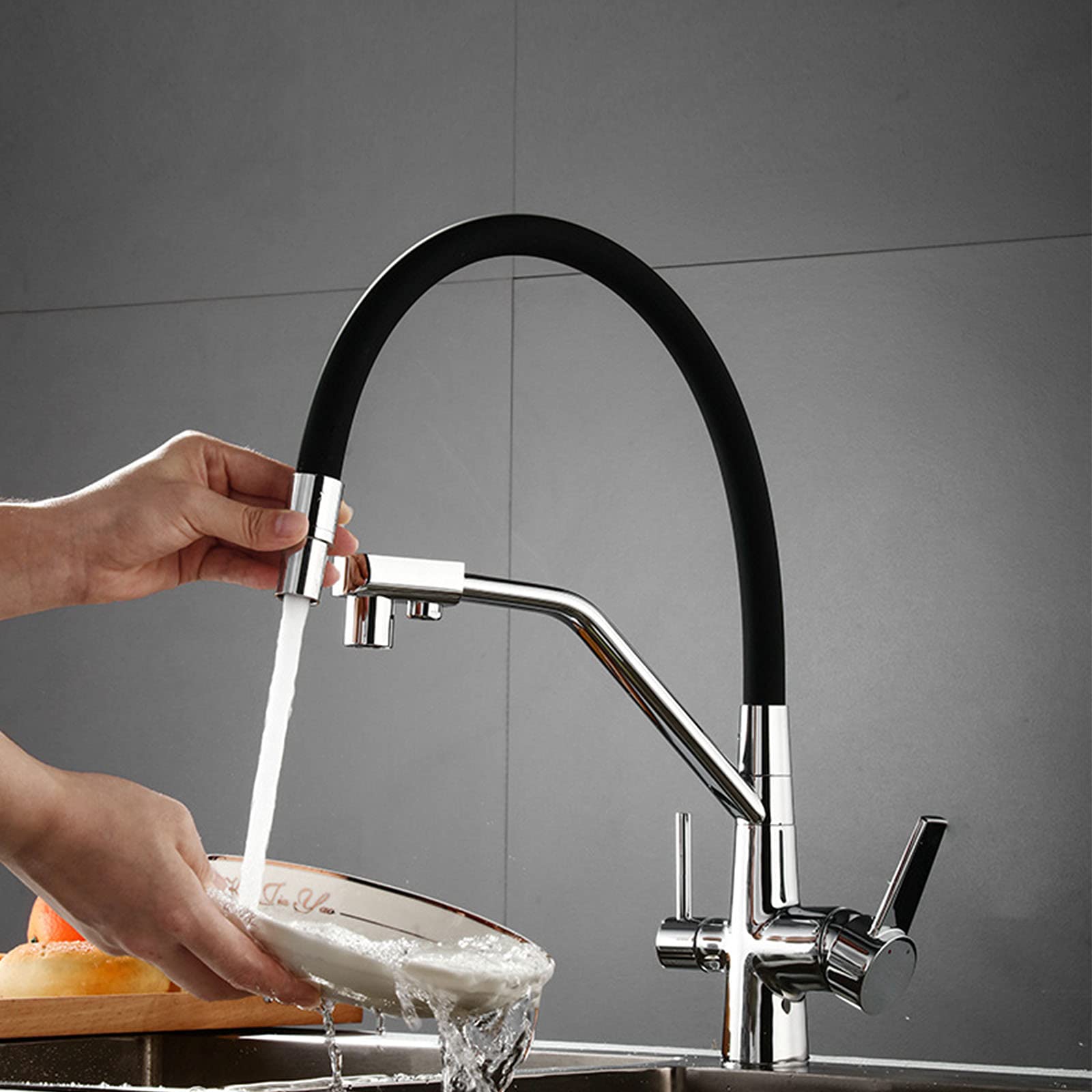 Premium Solid Brass Pull-Out Swivel Kitchen Faucet with Dual Handle & High Arc - 3-in-1 Water Filter Purifier System with Drinking Water Faucet (Chrome Finish) - Perfect for Modern Kitchens, Home Renovations & Water Purification Needs