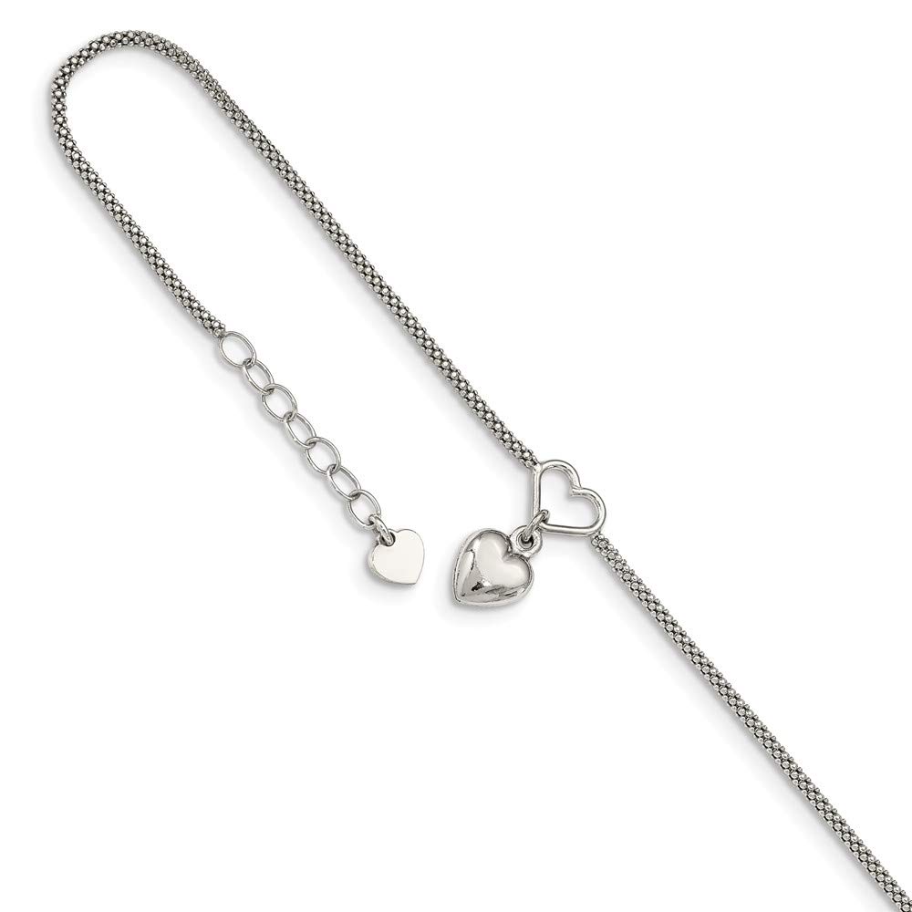 925 Sterling Silver Cabled Heart Dangle Charm Anklet - 9 Inch Adjustable with 1 Inch Extension | Romantic Jewelry Gift for Women, Girlfriend, Wife | Perfect for Valentine's Day, Anniversary & Special Occasions