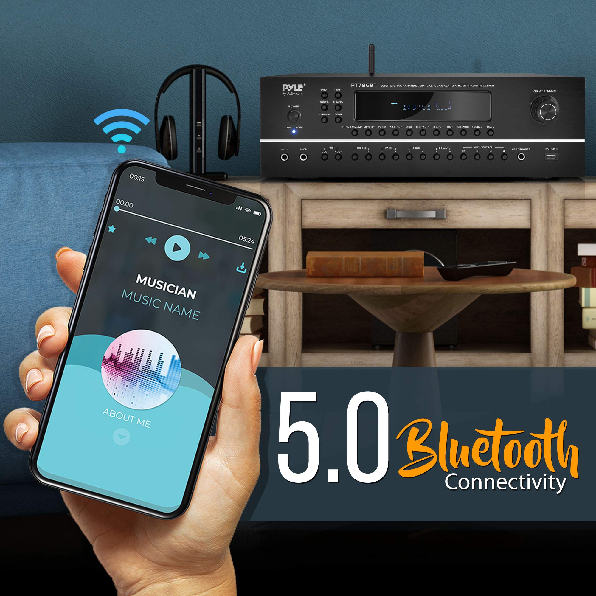 Pyle 7.1-Channel 2000W Bluetooth Stereo Amplifier - Hi-Fi Home Theater Receiver with Subwoofer, Surround Sound, USB, RCA, HDMI, MIC Input - Supports 4K UHD TV, 3D, Blu-Ray - PT796BT - Perfect for Movie Nights & Gaming Setup