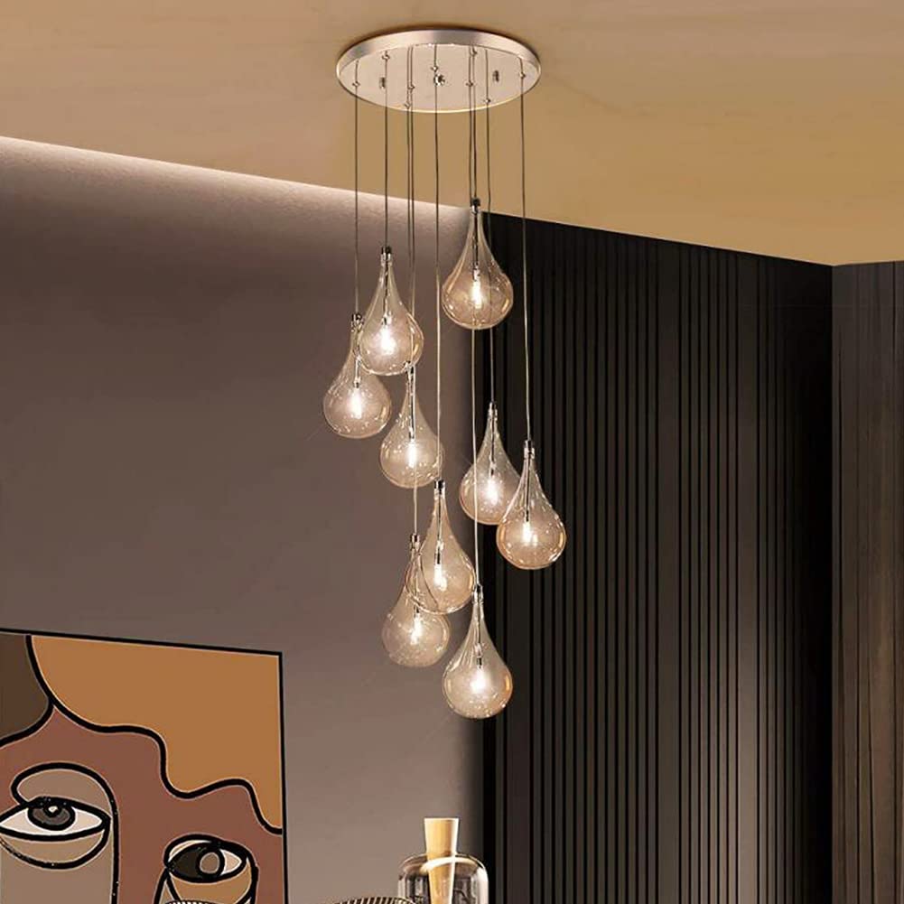 MoreChange 9-Light Adjustable Chandelier - Stainless Steel Finish with Clear Glass Shades - Modern Farmhouse Ceiling Light for Kitchen Island, Dining Room, Hallway & Bedroom - Perfect for Rustic Home Decor & Ambient Lighting