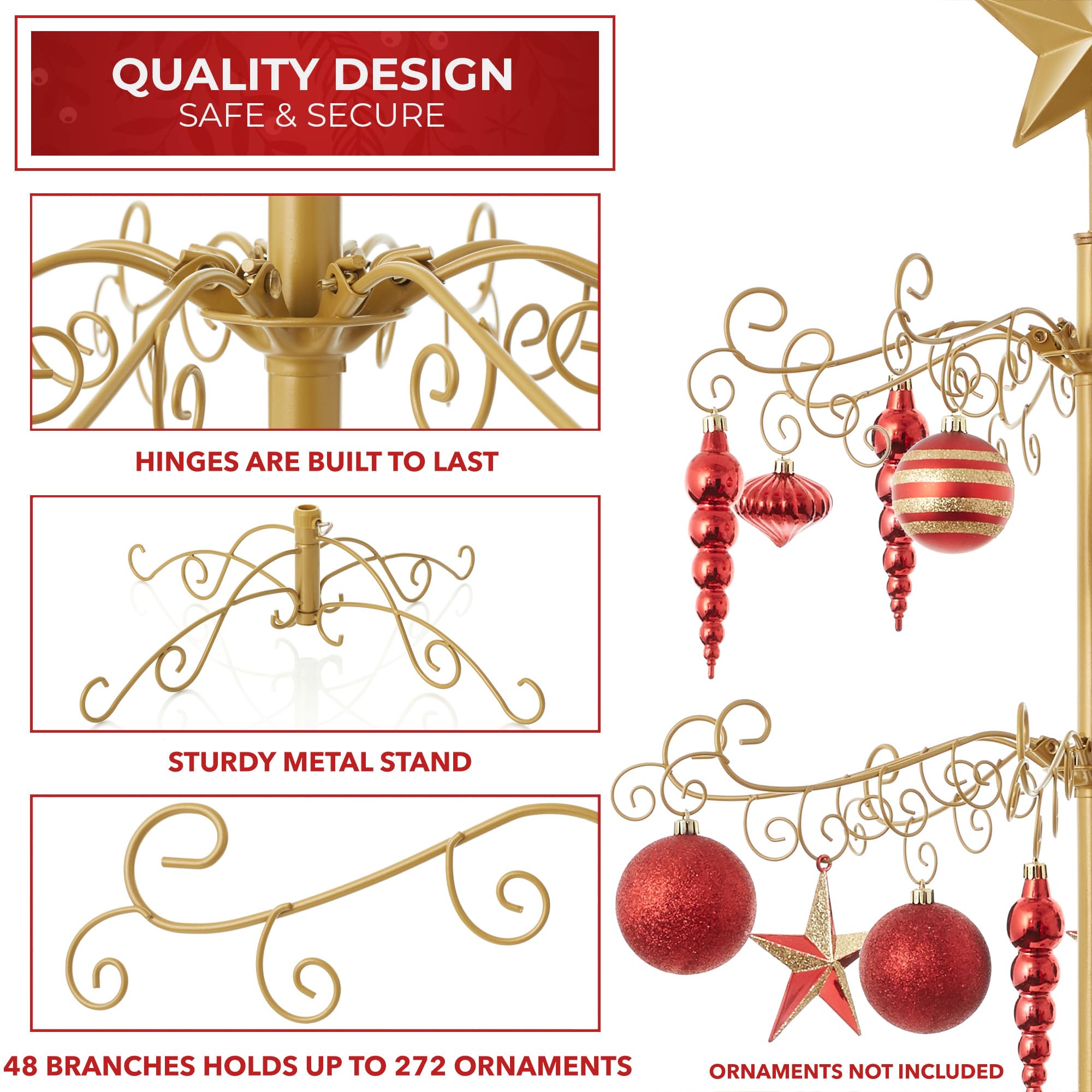 Casafield 6' Gold Wrought Iron Christmas Tree Ornament Display Stand - Holiday Decor Organizer for Home, Party & Gift Showcase