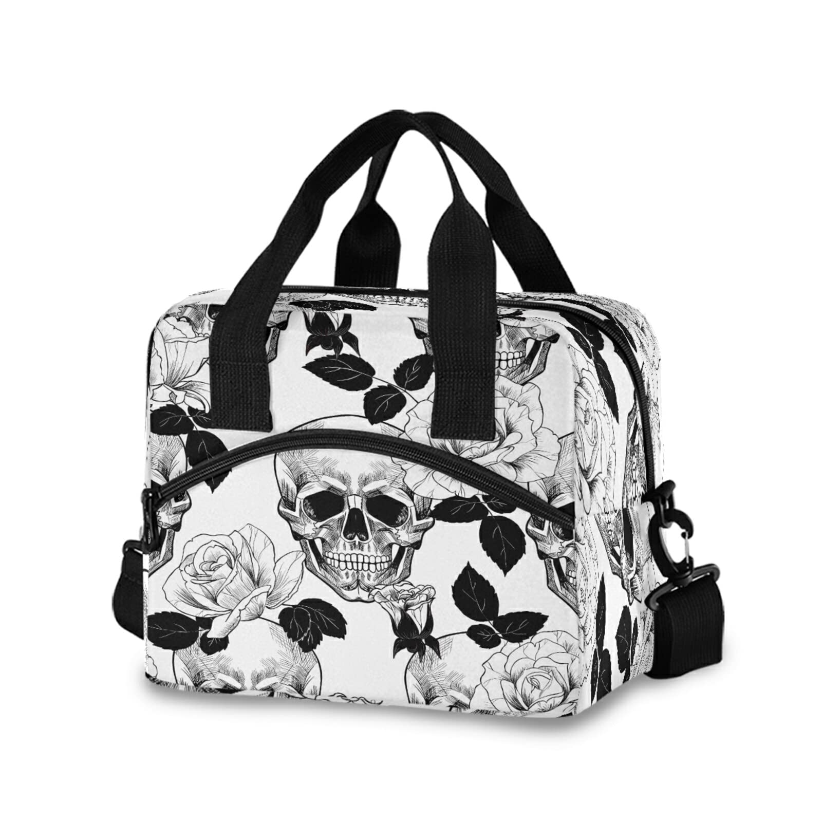 Halloween Skull Insulated Lunch Bag - Reusable Large Thermal Cooler Tote with Shoulder Strap for Women & Men | Spooky Skeleton Design in Black, White & Rose | Perfect for Office, School, Picnic & Meal Prep | Great for Halloween Parties & Everyday Use