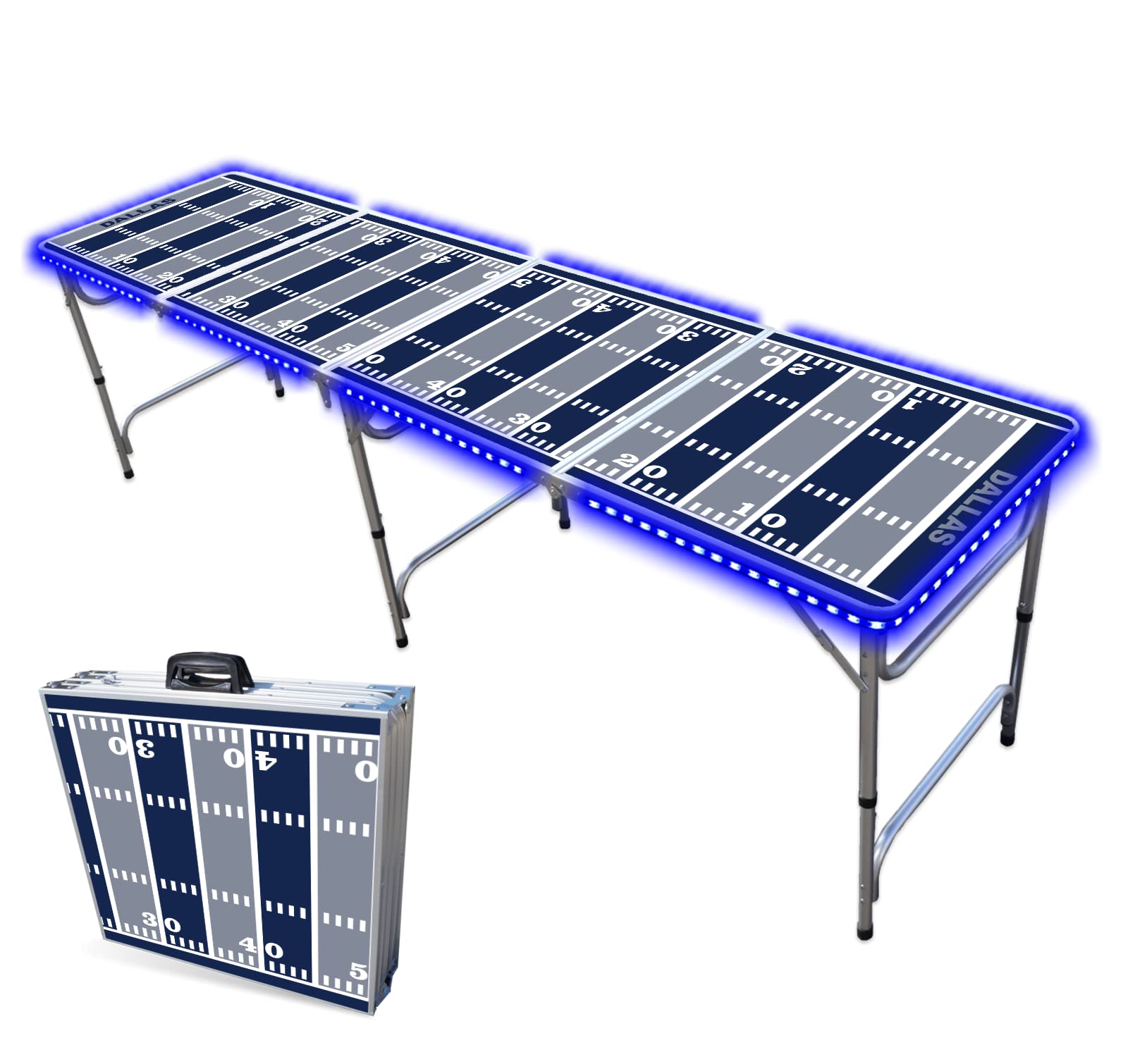 8-Foot Folding Portable Beer Pong Table with LED Lights & Cup Holders - Dallas Cowboys Football Field Design for Parties, Tailgates & Outdoor Games
