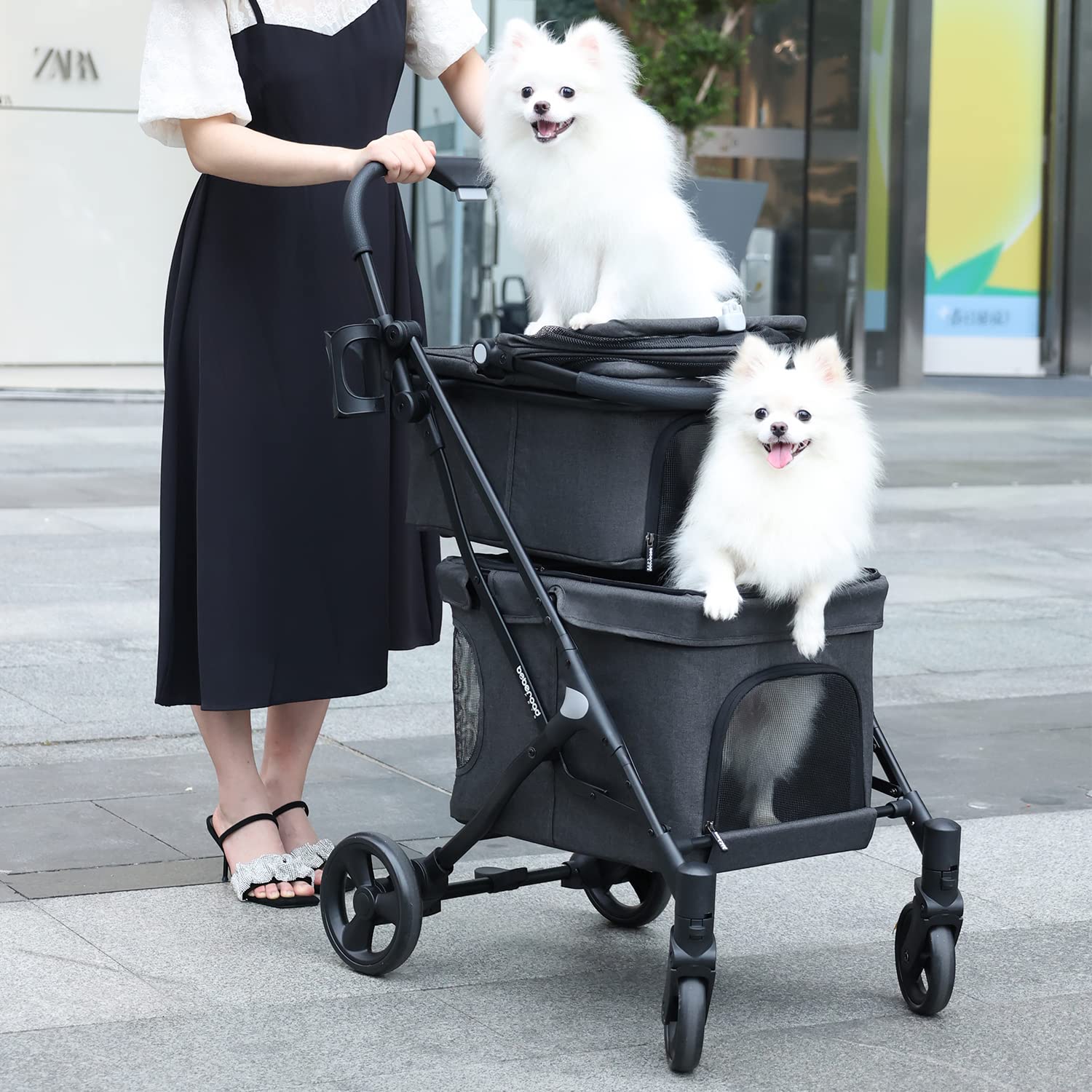 Premium T1 Double Pet Stroller for 2 Small Dogs or Cats - Lightweight Foldable Design with Detachable Carrier - Ideal for Park Walks, Vet Visits & Travel (Black)