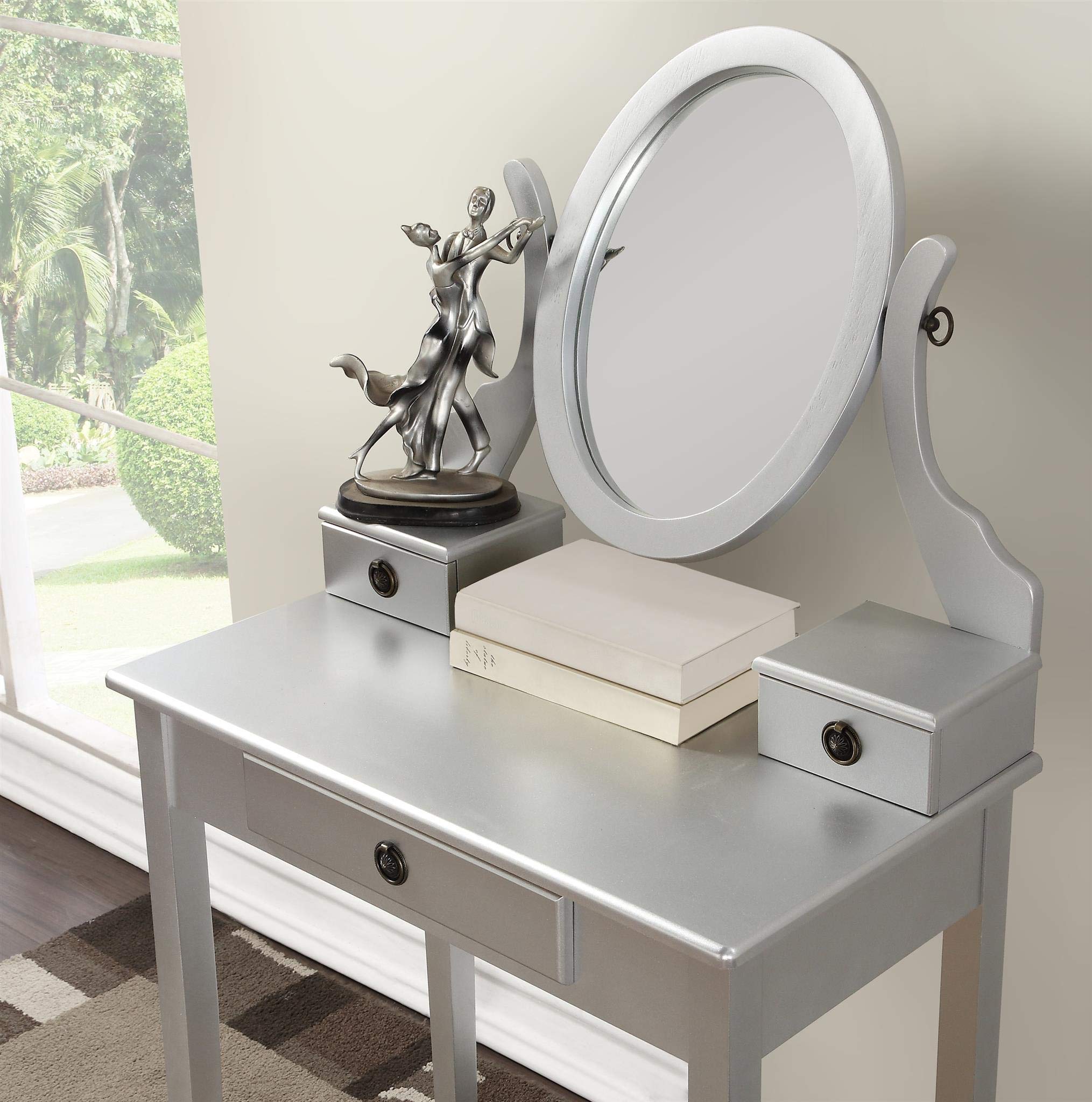 Roundhill Furniture Moniys Wooden Makeup Vanity Table with Stool Set - Silver Finish | Elegant Dressing Table for Bedroom, Bathroom & Beauty Salon | Perfect for Makeup, Skincare & Hair Styling