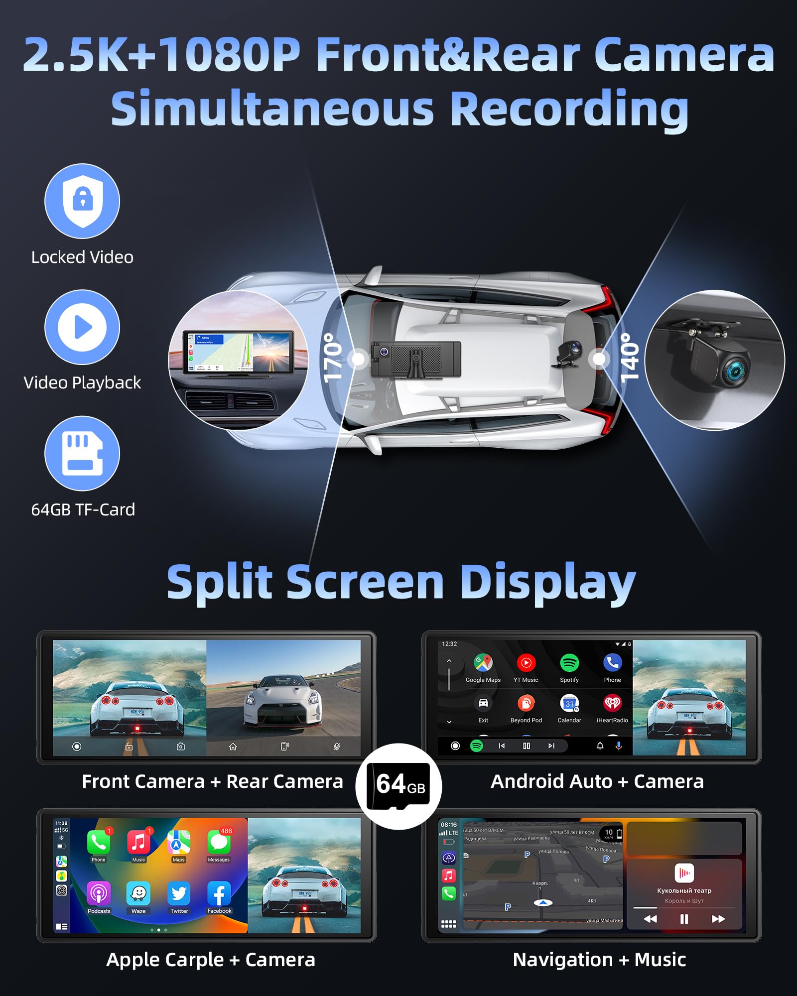 10.26 Inch Apple CarPlay Android Auto Touchscreen Display with Adjustable 2.5K Dashcam, Wireless Driveplay, Rearview Camera, Bluetooth, Mirror Link & 64GB TF Card - Perfect for Car Entertainment and Safe Driving