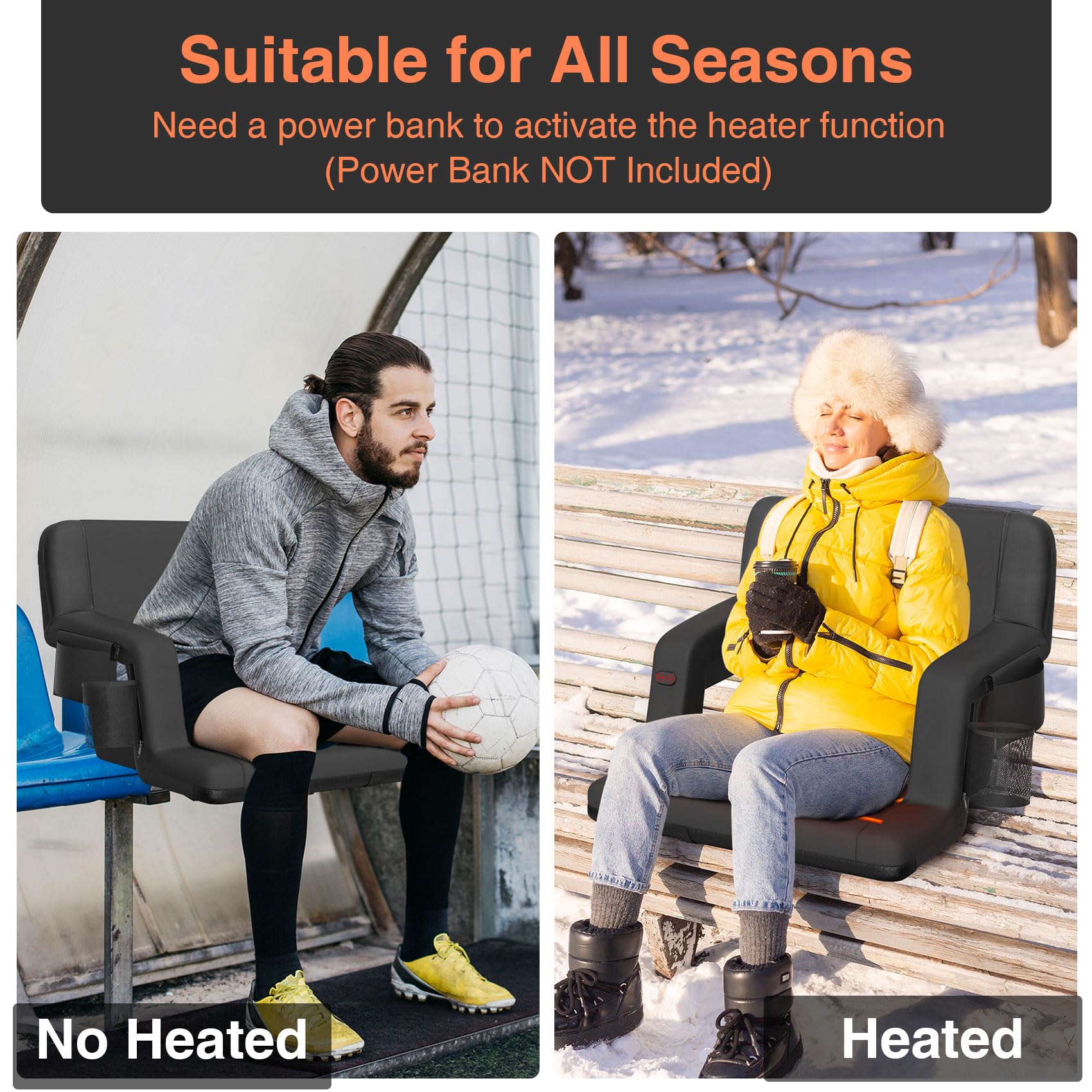 Dual-Sided Heated Stadium Seat with Back Support - Portable Bleacher Seat with 3 Heat Levels & 5 Storage Pockets - Perfect for Football Games, Concerts, Camping & Outdoor Events (Black)