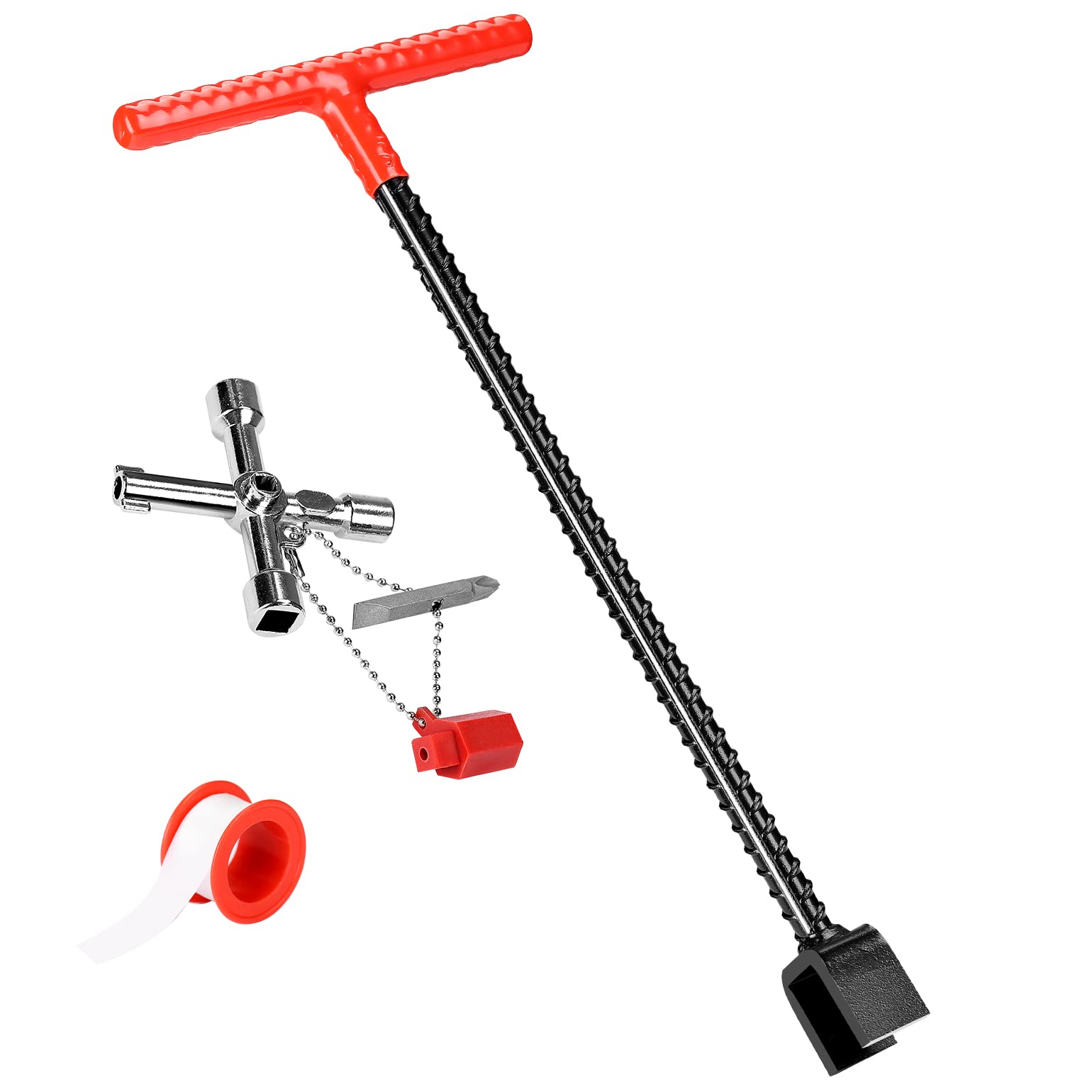 JOYTUTUS 17 Inch Water Meter Key with 4-Way Multi-Tool & Teflon Tape - Heavy Duty T-Handle Valve Key for Plumbing, Irrigation, and Utility Maintenance