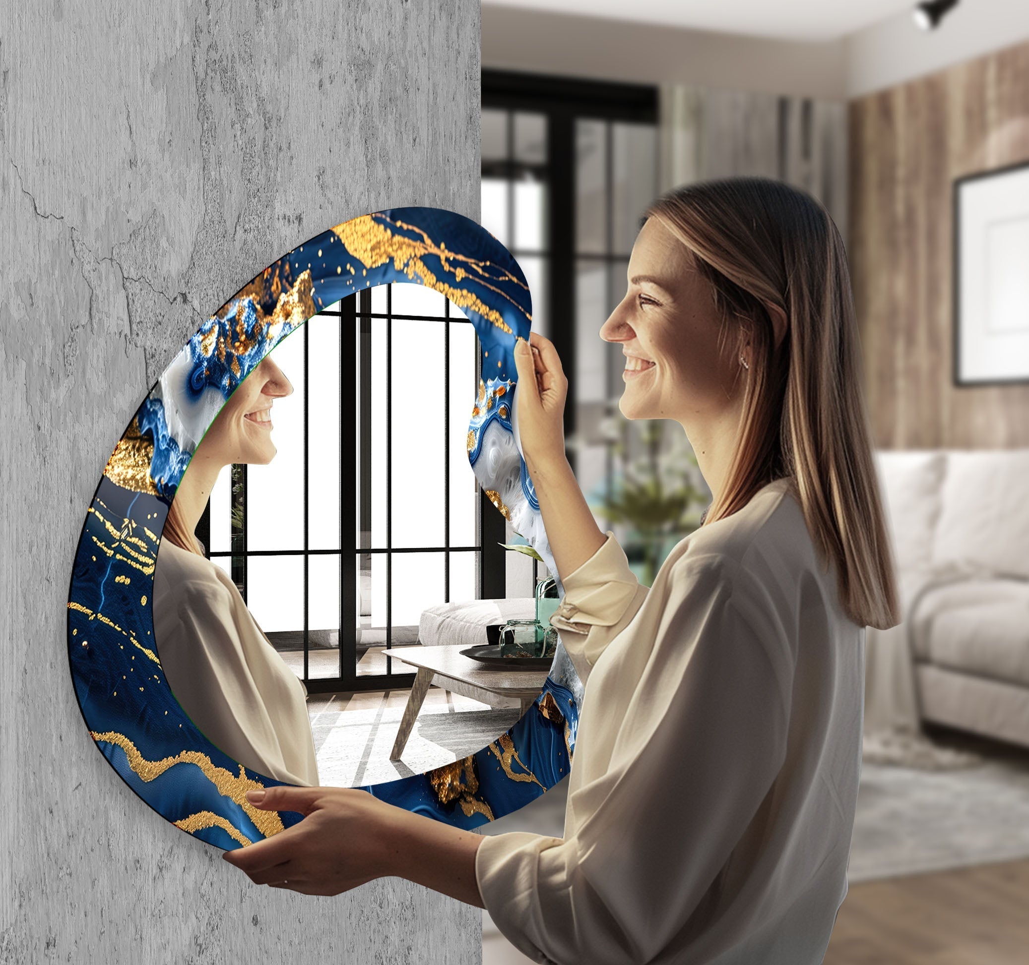 Blue & Gold Marble Irregular Wall Mirror - Modern Decorative Mirror for Living Room, Bedroom, Entryway | Unique Home Decor Accent Piece