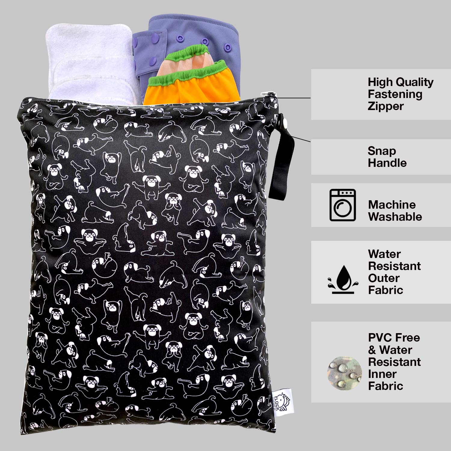 FLOCK THREE Washable Reusable Wet Bag - Waterproof Diaper Bag, Swim Bag, Travel Toiletries Pouch & Yoga Accessory (12.6