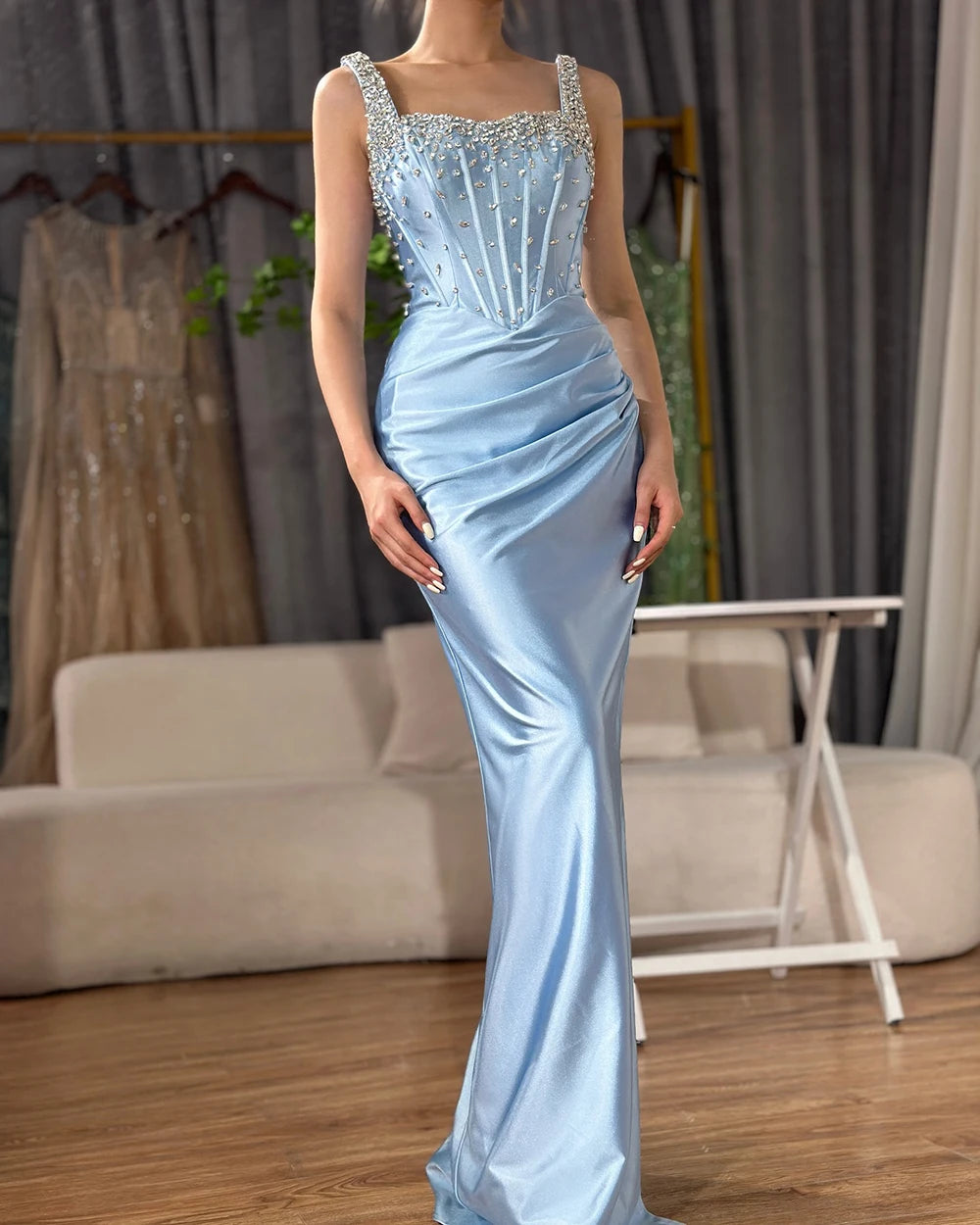 Luxury Dubai Saudi Blue Crystal Beaded Spaghetti Strap Mermaid Evening Gown with High Slit - Formal Party Dress for Prom, Wedding, Gala & Red Carpet Events