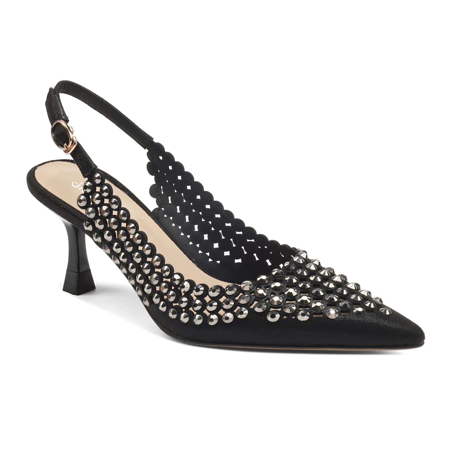 SHOSYEE Women's Fashion Studded Crystal Hollow Out Heeled Sandals - Chic Pointed Toe Genuine Leather Kitten Heels with Elegant Buckle Strap - Slingback Dress Party Shoes for Women - Black (US Size 4-10 M) - Perfect for Weddings, Cocktail Parties & Evening Events