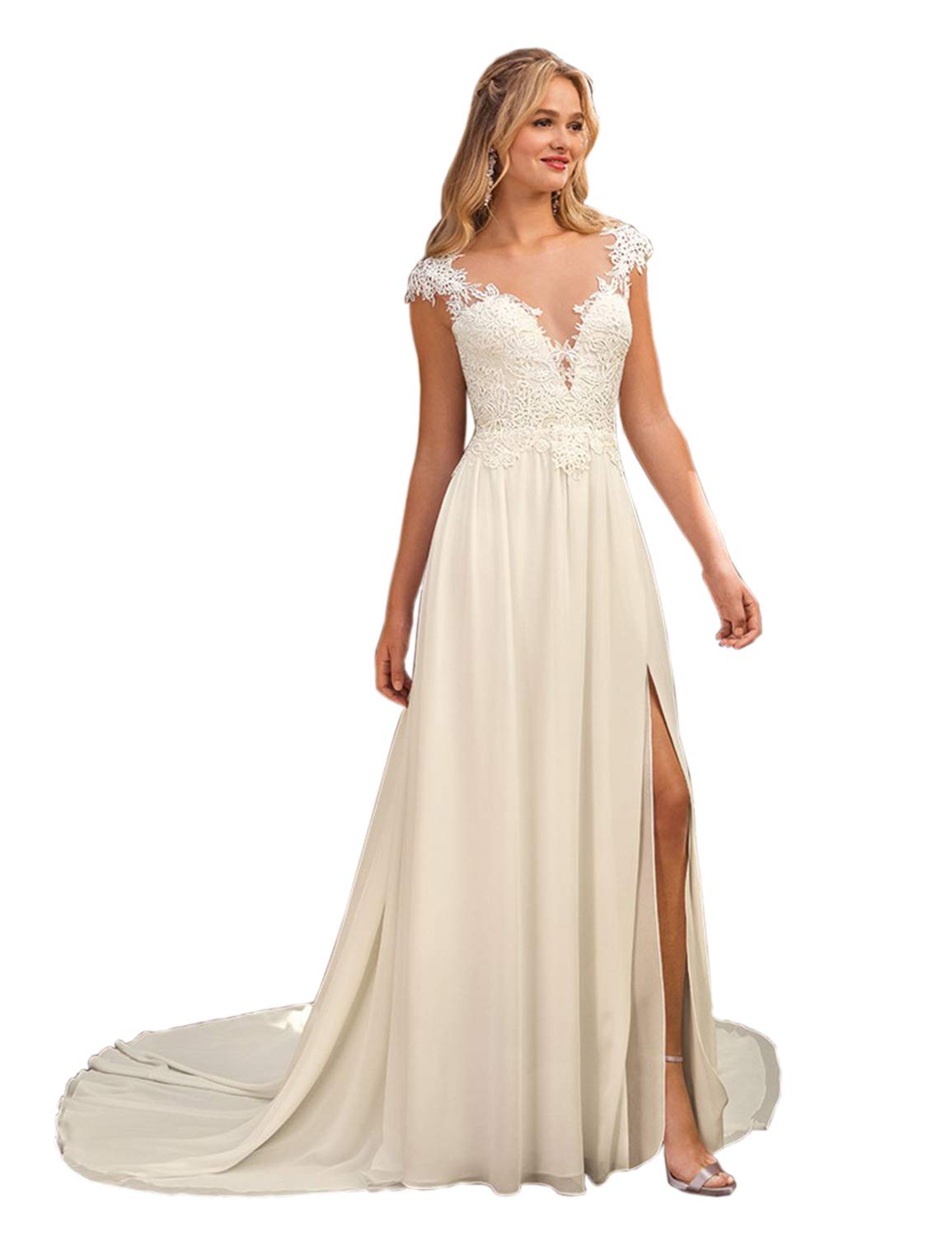 Elegant Ivory Lace Chiffon A-Line Wedding Dress for Women - Plus Size 22 Long Boho Beach Bridal Gown with Slit | Perfect for Beach Weddings, Boho Chic Ceremonies & Destination Elopements