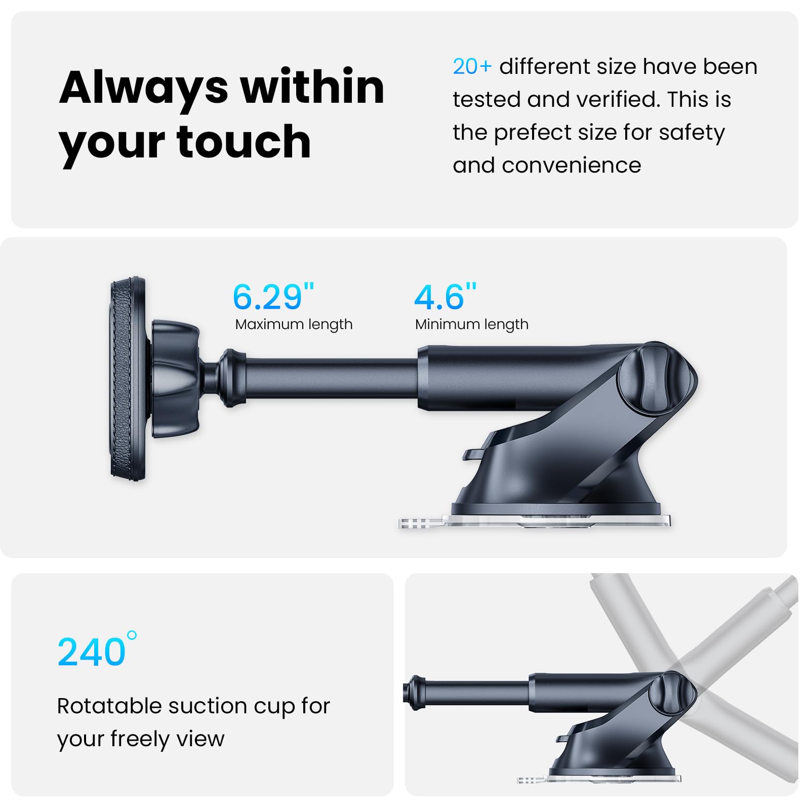 APPS2Car Magnetic Phone Car Mount - Dashboard & Windshield Car Phone Holder with Industrial-Strength Suction Cup, 6 Strong Magnets & Adjustable Telescopic Arm (Metal Sticker Included) - Perfect for Hands-Free Navigation, GPS Tracking & Safe Driving