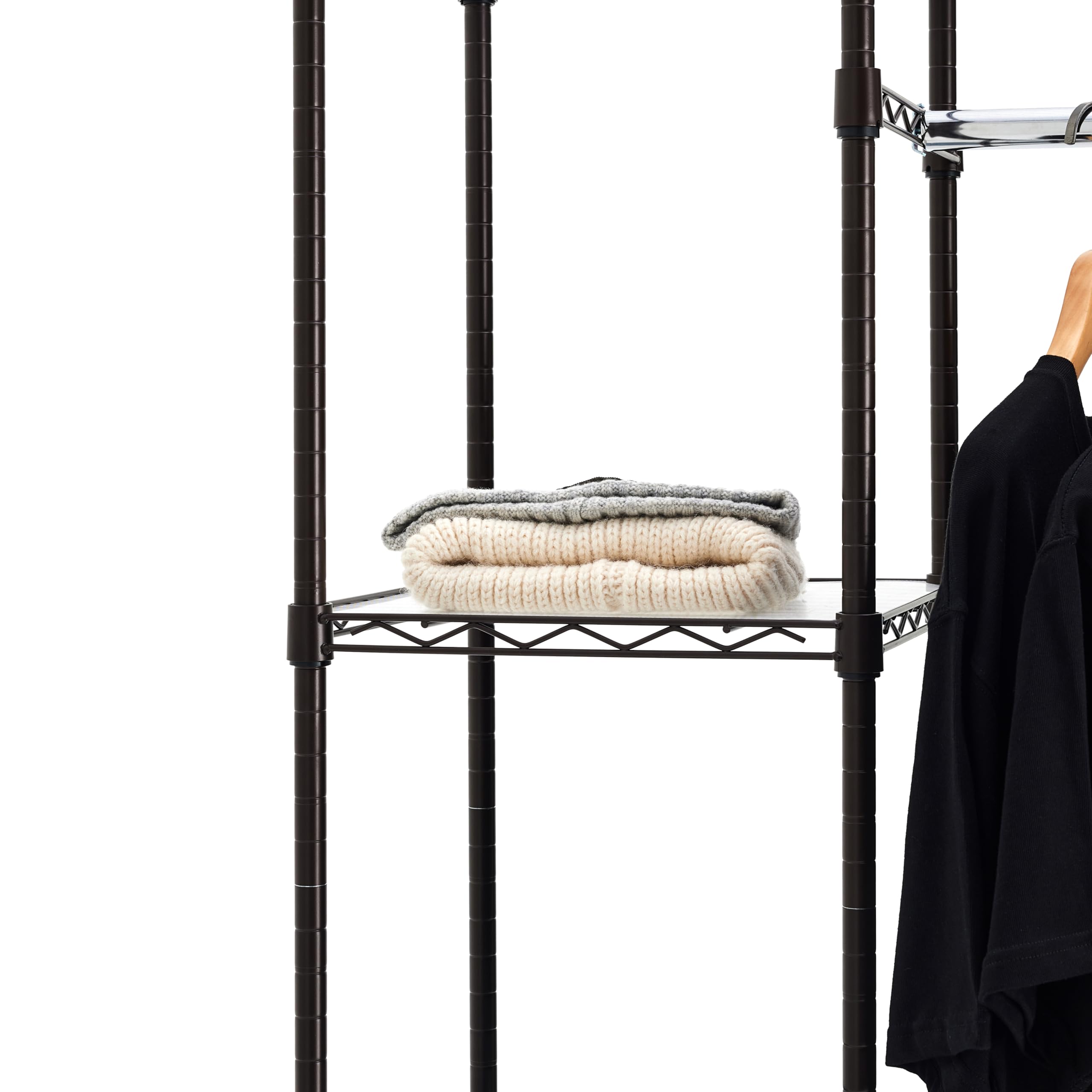 Amazon Basics Expandable Metal Hanging Closet Organizer - Adjustable Wardrobe Storage Rack with Shelves, 57-80 Inches Length, 14 Inches Width, 72 Inches Height, Bronze Finish - Perfect for Bedroom, Closet, Laundry Room & Dorm Organization