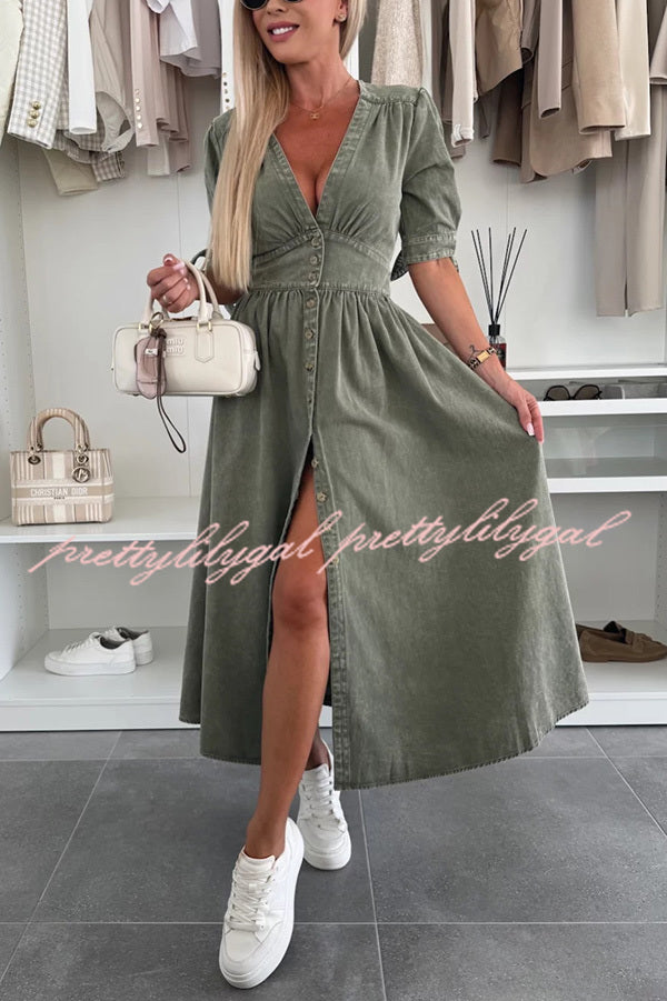 Stylish Solid Color V-Neck Button Down Denim Midi Dress for Women | Casual & Office Wear | Perfect for Spring & Summer Outings
