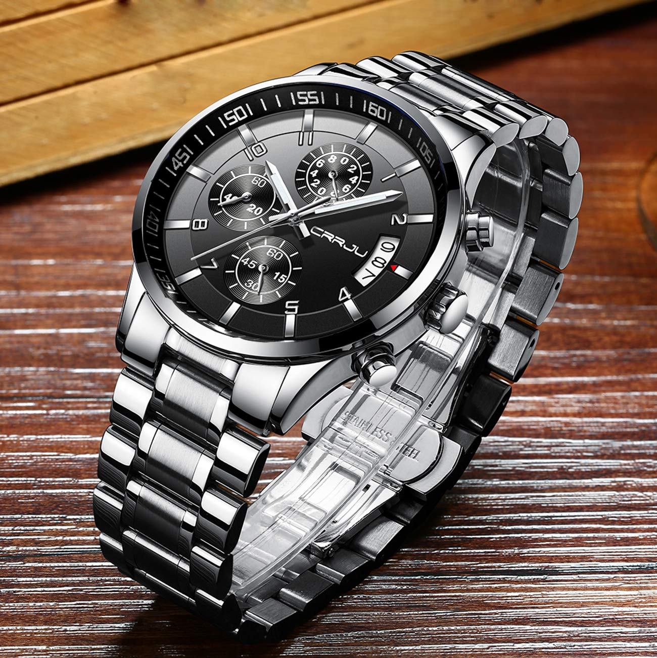 CRRJU Men's Stainless Steel Chronograph Watch with Date Display - Waterproof Fashion Wristwatch for Business, Casual & Outdoor Activities