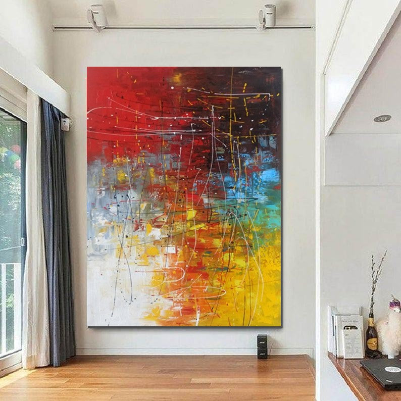 Contemporary Canvas Artwork - Large Modern Acrylic Abstract Painting in Red - Hand Painted Wall Decor for Dining Room, Living Room & Office - Premium Home Art for Modern Interiors