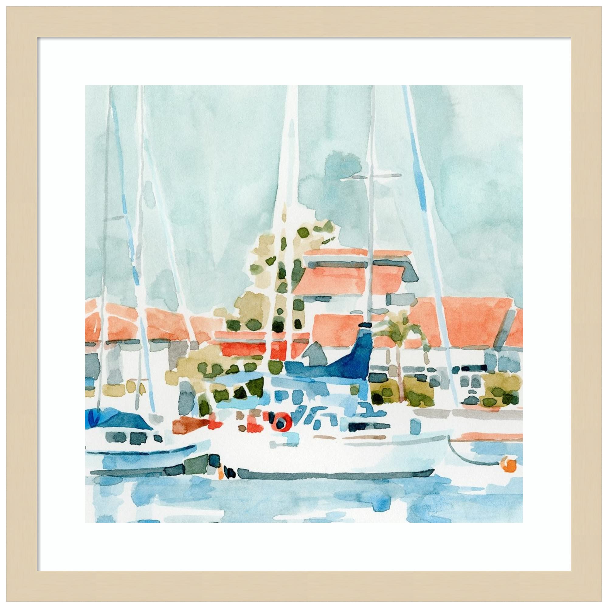 Emma Caroline Beach Town Summer I Wood Framed Wall Art Print - 17x17 Inches, Svelte Natural Frame - Coastal Decor for Living Room, Bedroom & Office