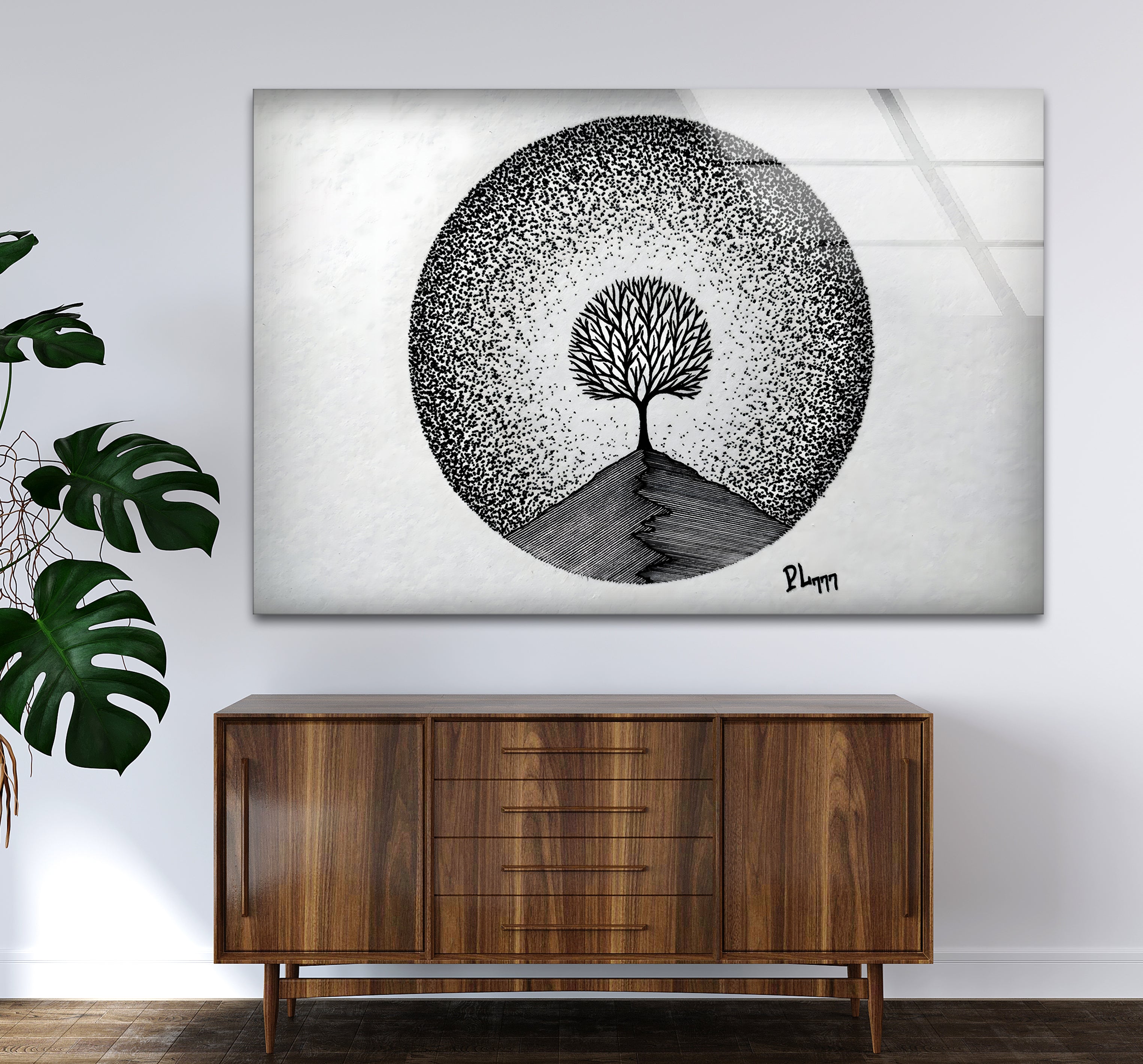 Modern Black and White Tree Drawing Glass Wall Art - Elegant Home Decor for Living Room, Bedroom, or Office
