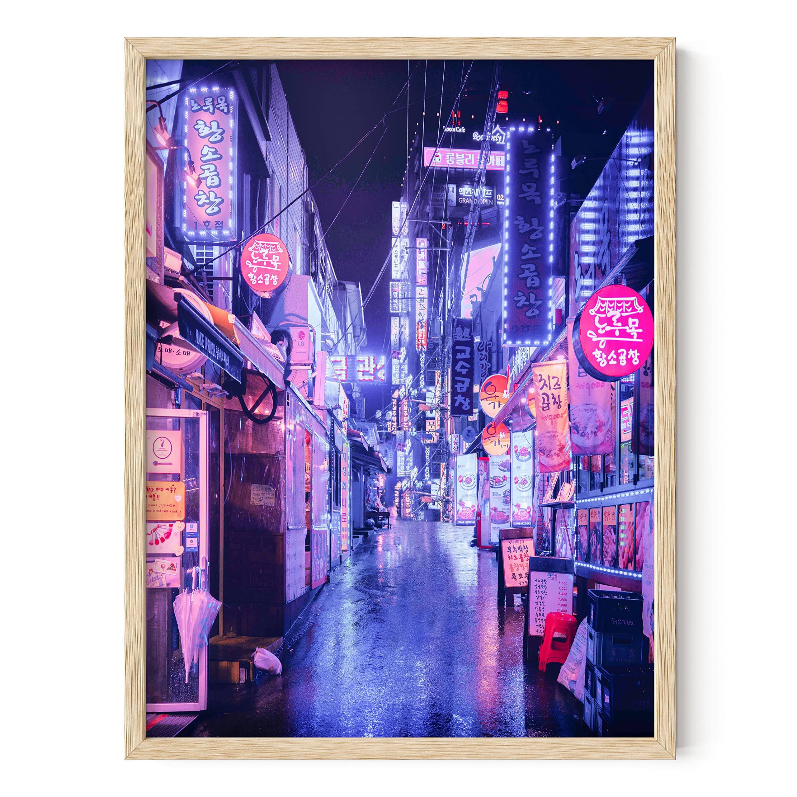 RipGrip Neon Seoul Korea Cityscape Wall Art Poster - 12x16 Inches Beige Framed Aesthetic Print for Teen Boys Bedroom Decor | Urban Street Style Dorm Room & Office Wall Decoration