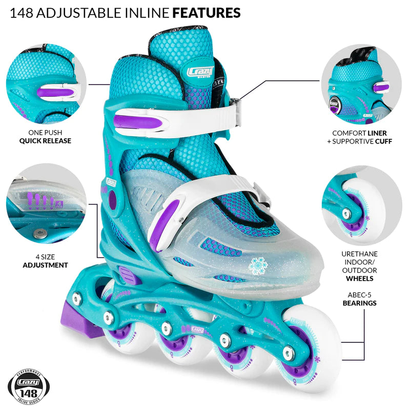 Adjustable Kids Inline Skates - Crazy Skates 148 in Teal | Perfect for Outdoor Play, Birthday Gifts & Roller Skating Lessons