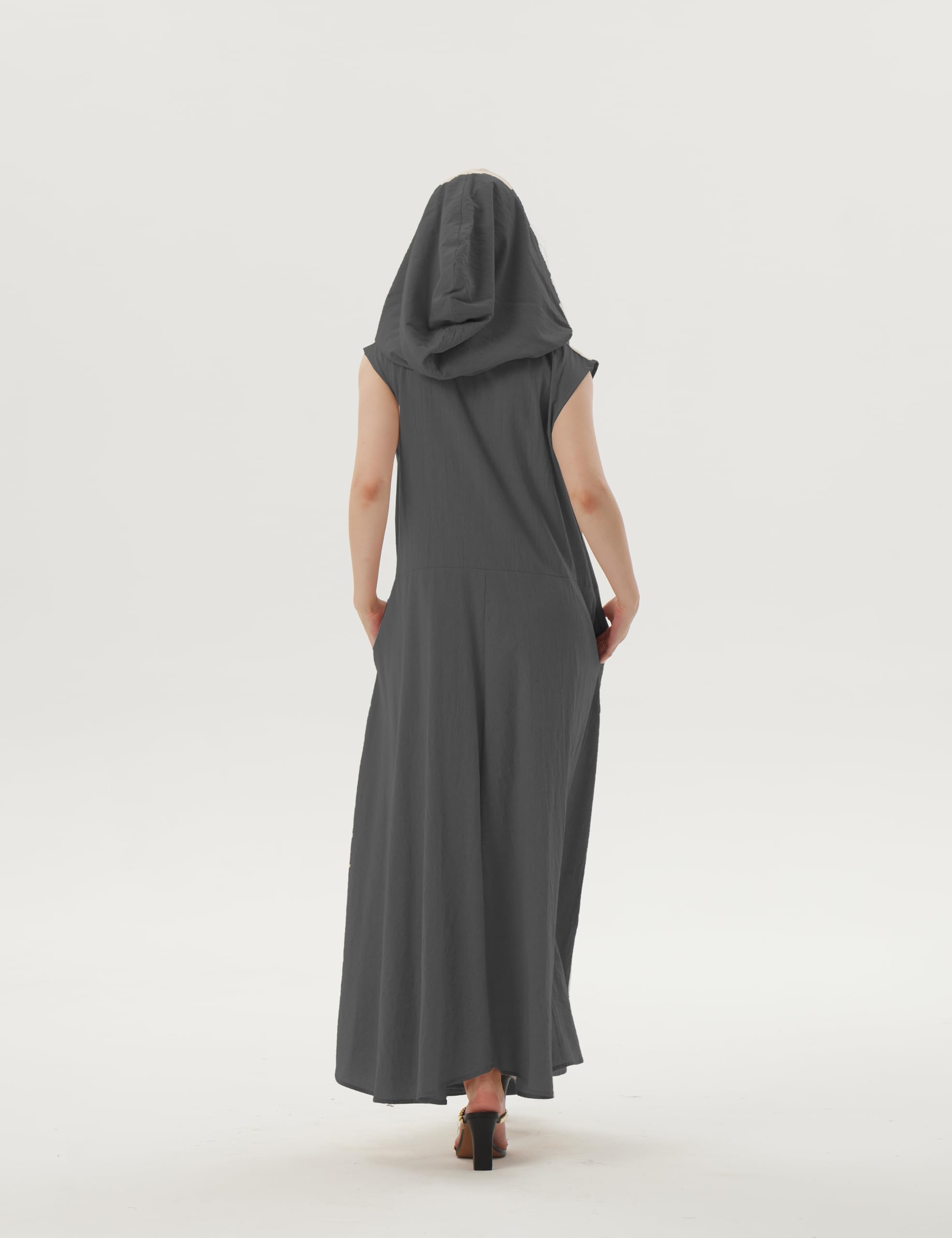 Women's Summer Sleeveless Hooded Maxi Dress - Linen Casual Loose Dress with Pockets (S, Black Gray) | Beach Cover Up, Vacation Outfit, Boho Chic Style