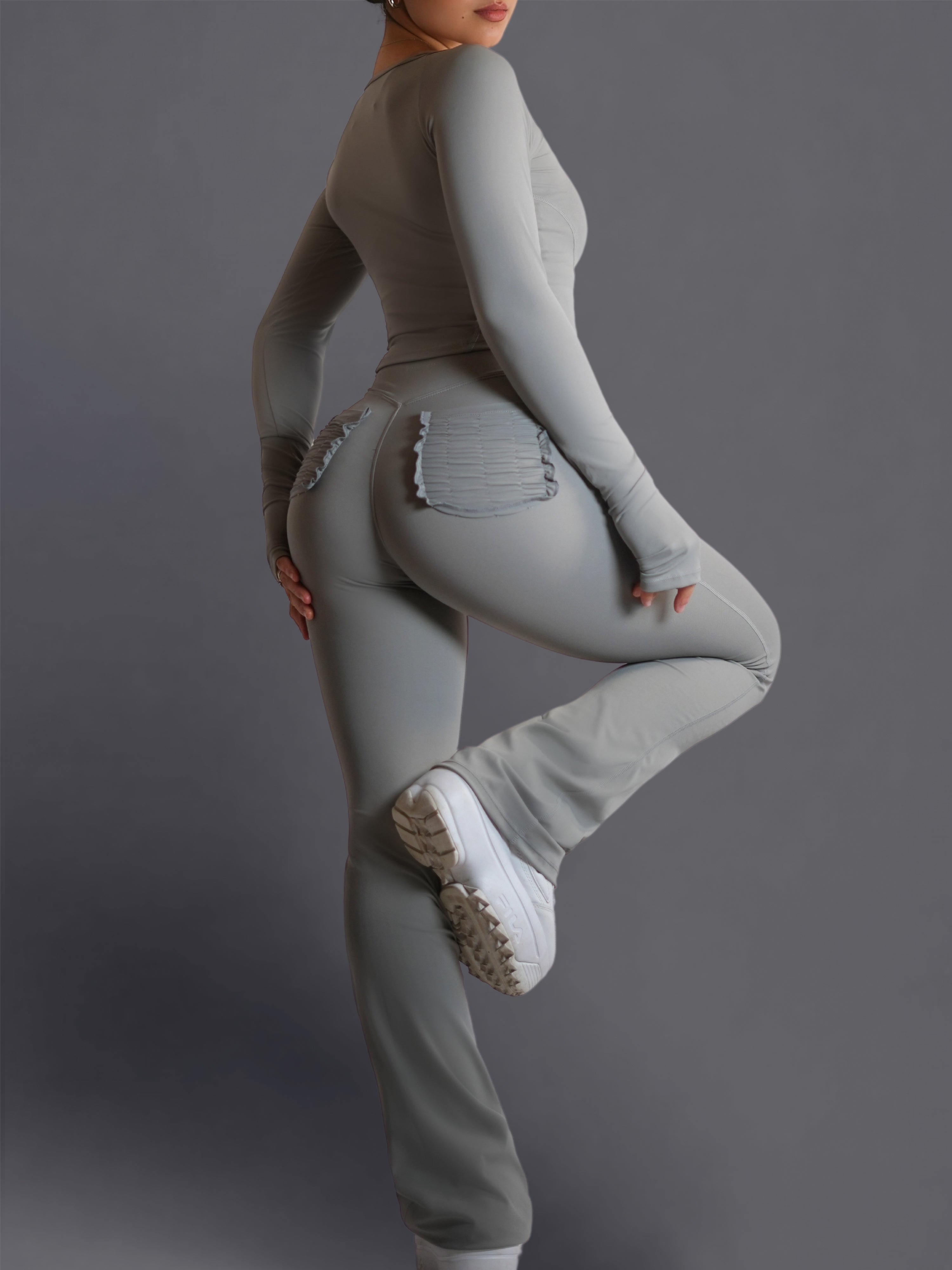 Bratty High Waisted Flare Leggings for Women - Misty Gray Yoga Pants with Tummy Control | Perfect for Yoga, Workouts & Casual Wear