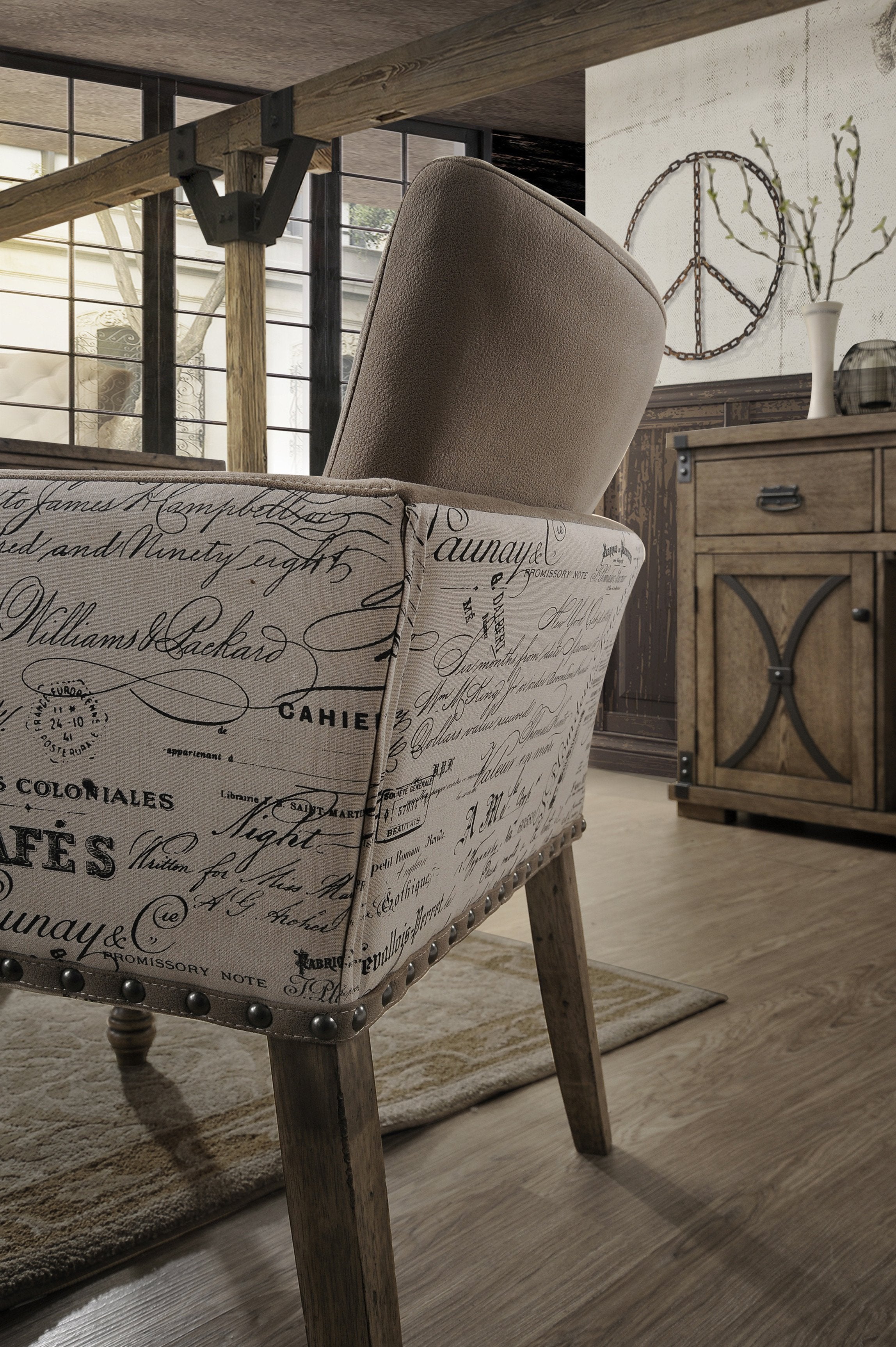 Roundhill Furniture Birmingham Script Printed Driftwood Finish Dining Arm Chairs with Nailhead Trim, Set of 2 - Farmhouse Style Kitchen & Dining Room Seating for Home Decor