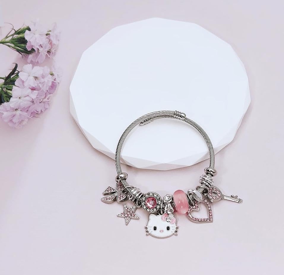 Aimery Kitty Charms Bracelet - Kawaii DIY Cartoon Bangle with Cubic Zirconia - Cute Jewelry Gift for Wife, Girlfriend, Daughter - Perfect for Birthday, Anniversary, Valentine's Day Gifts