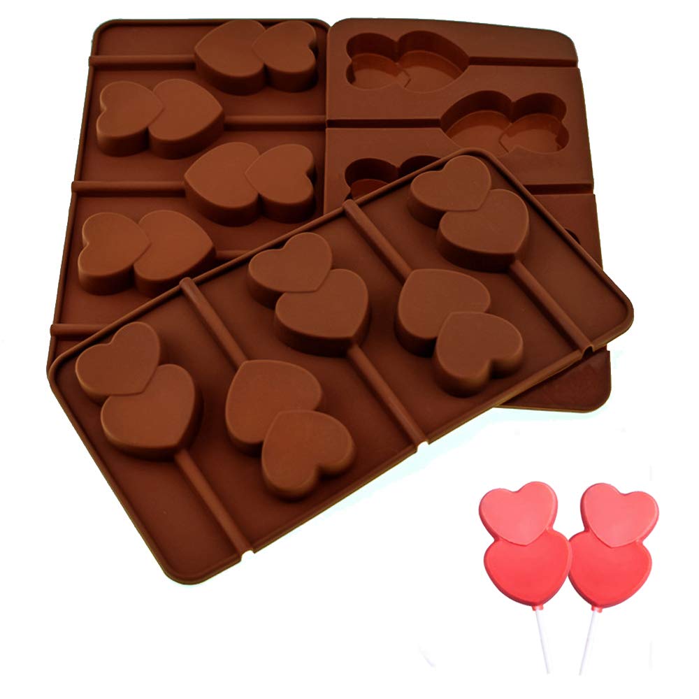 3PCS Double Heart Shape Silicone Mold - 5 Holes Cake Pop, Chocolate, Jelly, Ice Cube Tray for Valentine's Desserts | DIY Candy, Pudding, Cupcake Making | Perfect for Home Baking, Cafe & Bakery Use (Brown)