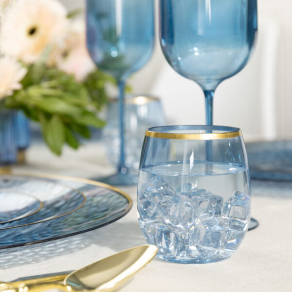 12 oz. Blue Stemless Wine Glasses with Gold Rim - Set of 6 | Shatterproof & Elegant for Parties, Weddings, and Home Entertaining