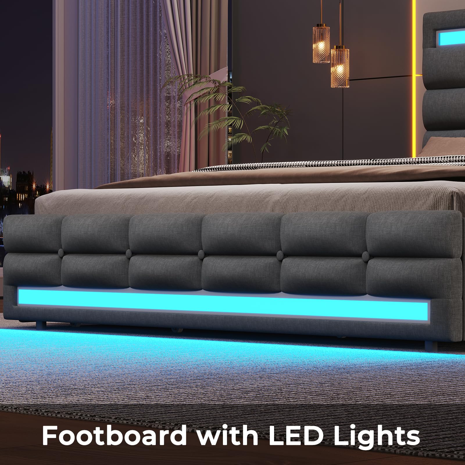 ADORNEVE Queen LED Bed Frame with 4 Storage Drawers & 2 USB Ports - Upholstered Platform Bed with Illuminated Headboard & Footboard, No Box Spring Required, Dark Grey - Perfect for Modern Bedrooms, Guest Rooms & Smart Home Setups