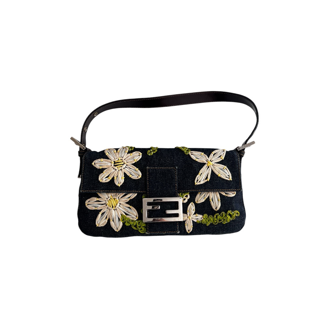 Vintage Fendi Raffia Embroidered Denim Baguette Bag - Stylish Crossbody Purse for Women, Perfect for Casual Outings & Summer Fashion Accessories