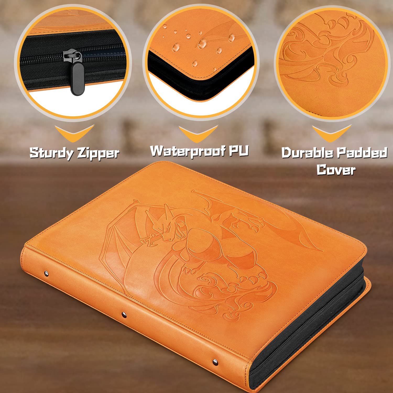 Douper 9-Pocket Pokemon Card Binder - Holds 540 Trading Cards with Side-Loading Sleeves (Orange) | Perfect for Collectors, TCG Games & Card Storage