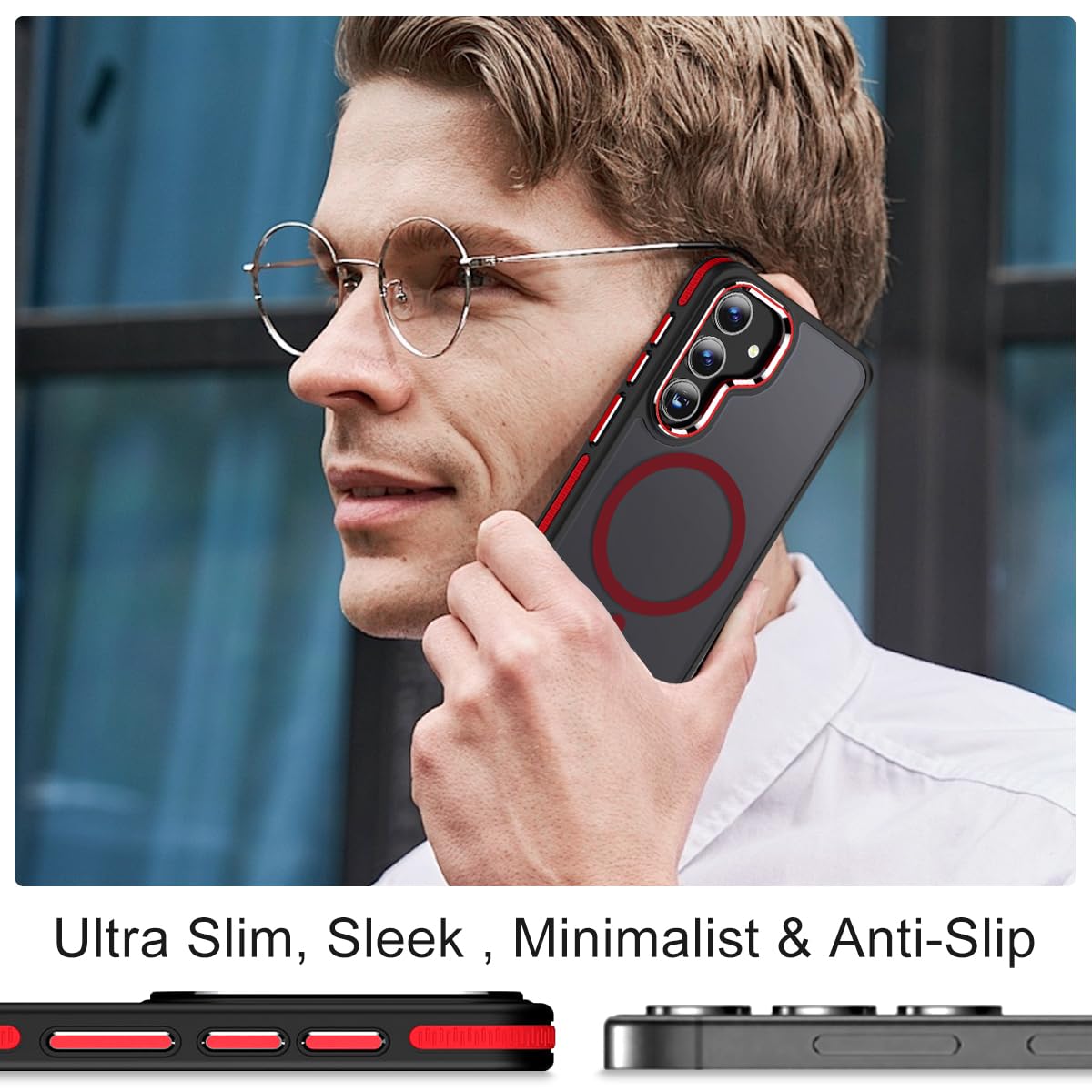 Magnetic Case for Samsung Galaxy S24+ Plus 5G - Magsafe Compatible, Military Grade Drop Protection, Anti-Slip Soft TPU Edge Phone Cover (Black/Red) - Perfect for Work, Travel & Outdoor Activities