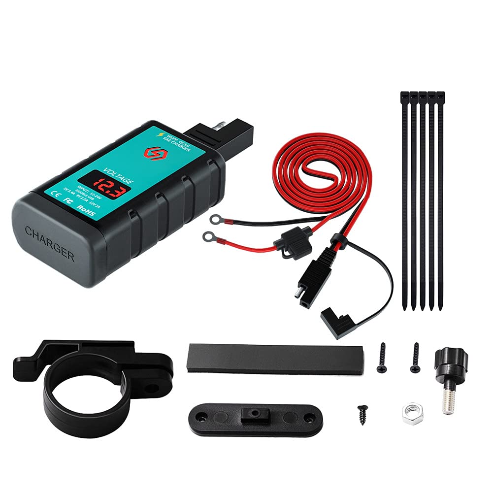 Dual USB Fast Car Charger 12V-24V with Type-C Port, SAE Socket, Button Switch & Voltmeter - 1.4m OTG Extension Cable - Compatible with Cars, Trucks, Motorcycles, RVs (Perfect for Road Trips & Emergency Charging)