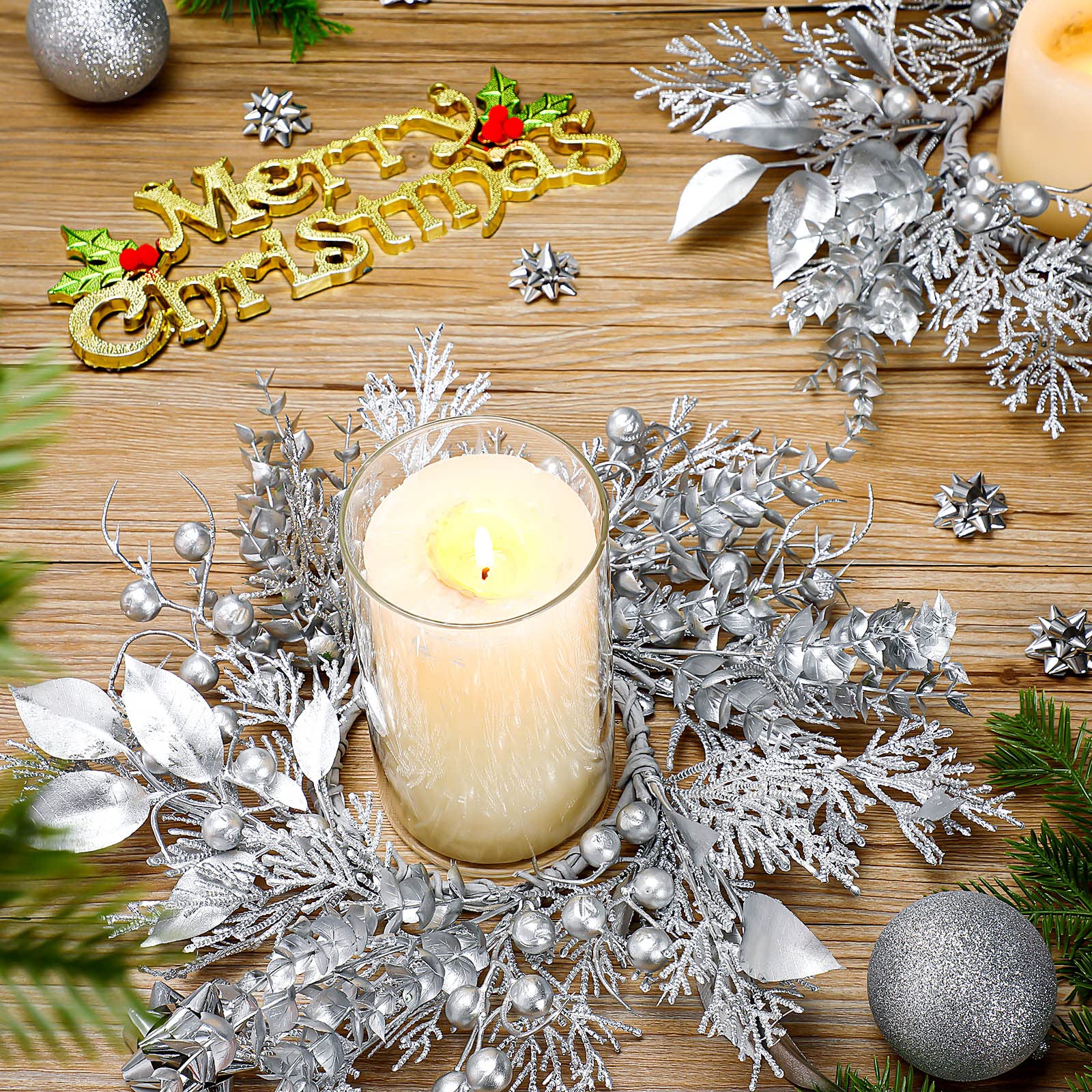 4-Piece Christmas Candle Rings Set - Mini Holiday Wreath Decorations for Candles, Tables, and Fireplace Mantels - Perfect for Christmas, Weddings, Parties, Living Room & Dining Table Decor (Twigs Design)