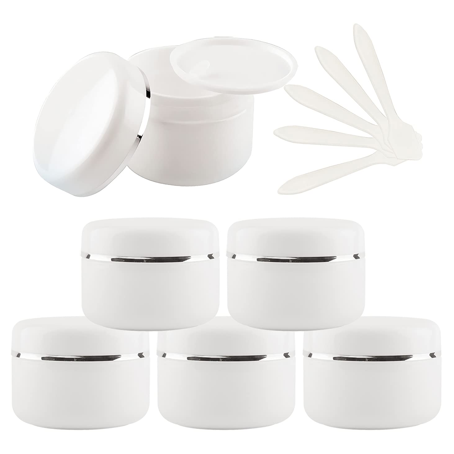 ZEOABSY 6-Pack 100ml Empty Smooth White Plastic Cosmetic Jars with Silver Edge - Travel-Friendly Face Cream Containers with Spatula for Lip Balm, Lotion, Homemade Cream & Gel Storage | Perfect for DIY Beauty Products, Travel Toiletries & Skincare Organization