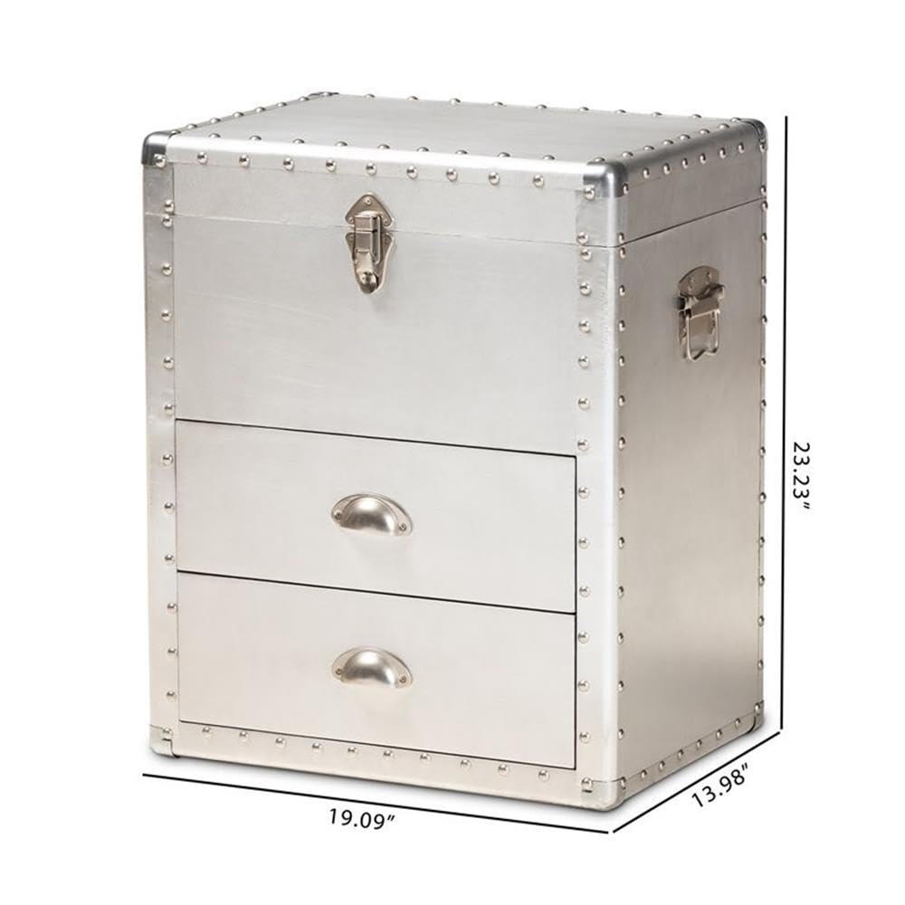 Baxton Studio Serge French Industrial Silver Metal 2-Drawer Accent Storage Chest - Vintage Style Bedroom Dresser for Clothes & Jewelry Organization