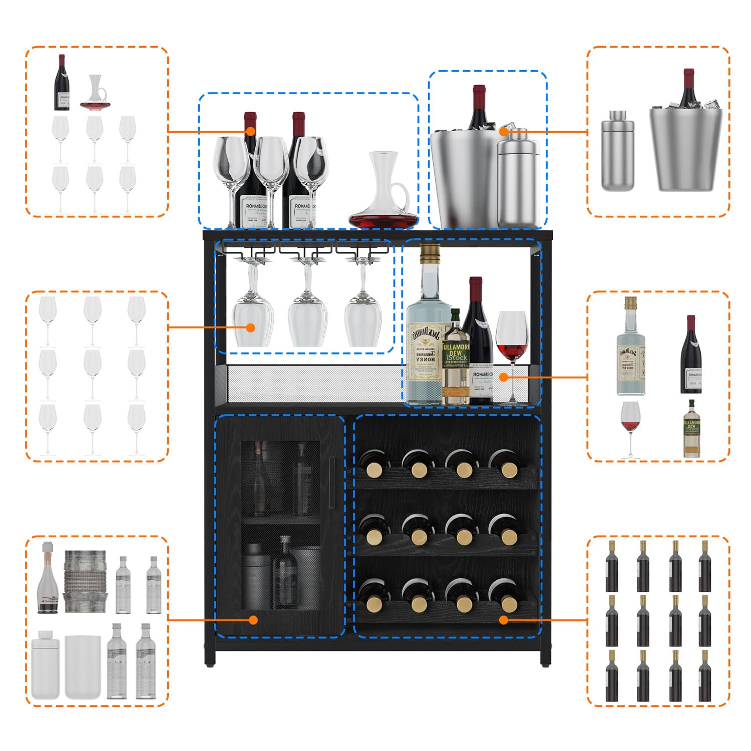 GAOMON Wine Bar Cabinet with Storage - Farmhouse Coffee Bar Cabinet with Detachable Rack, Drawer & Glass Holder - Rustic Buffet Sideboard with Mesh Door (Black) - Perfect for Dining Room, Kitchen or Home Bar Organization
