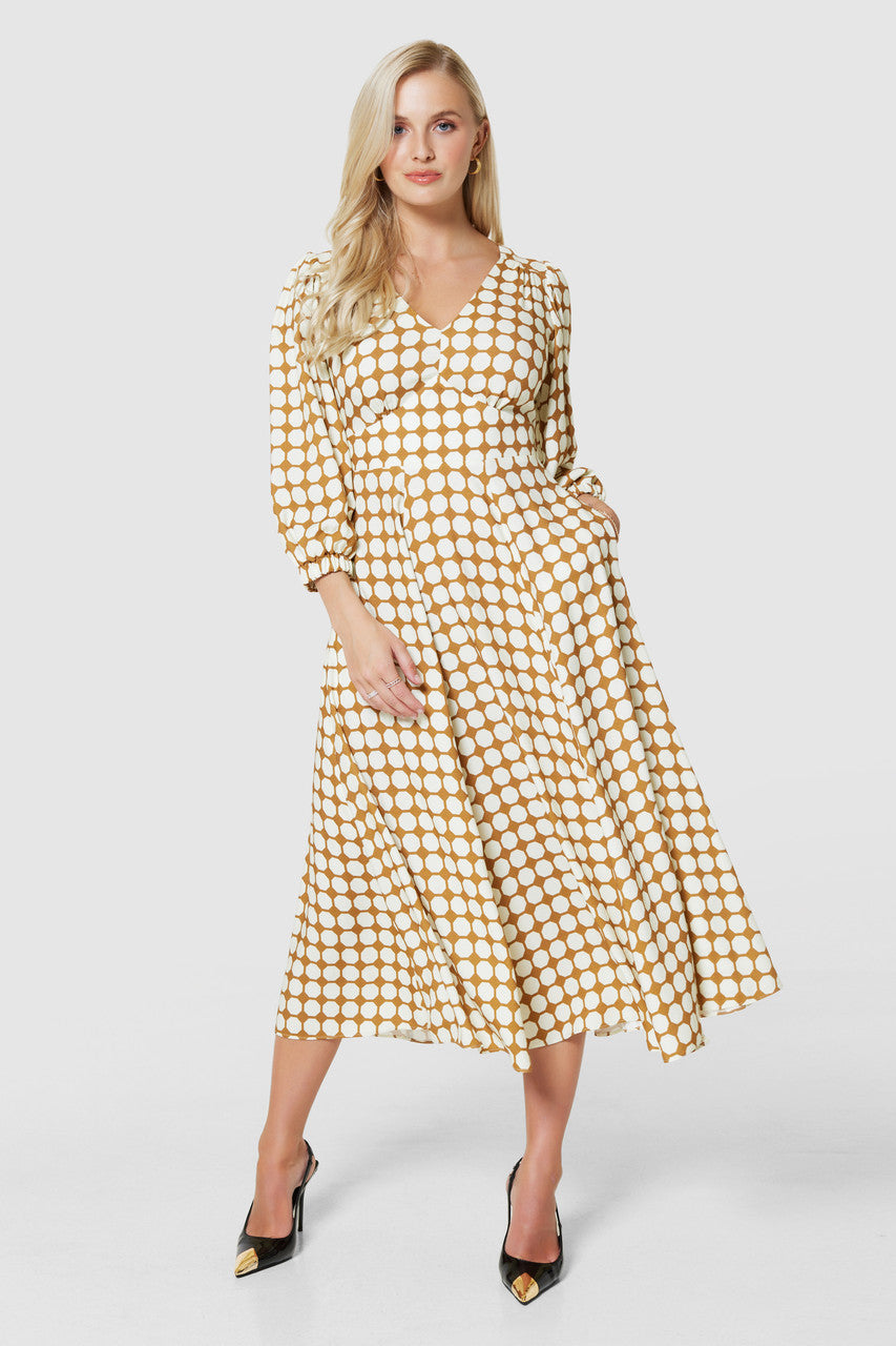 Bonnie Women's Full Skirt Wrap Dress - Elegant Brown Flowy Midi Dress for Casual Wear, Office & Special Occasions
