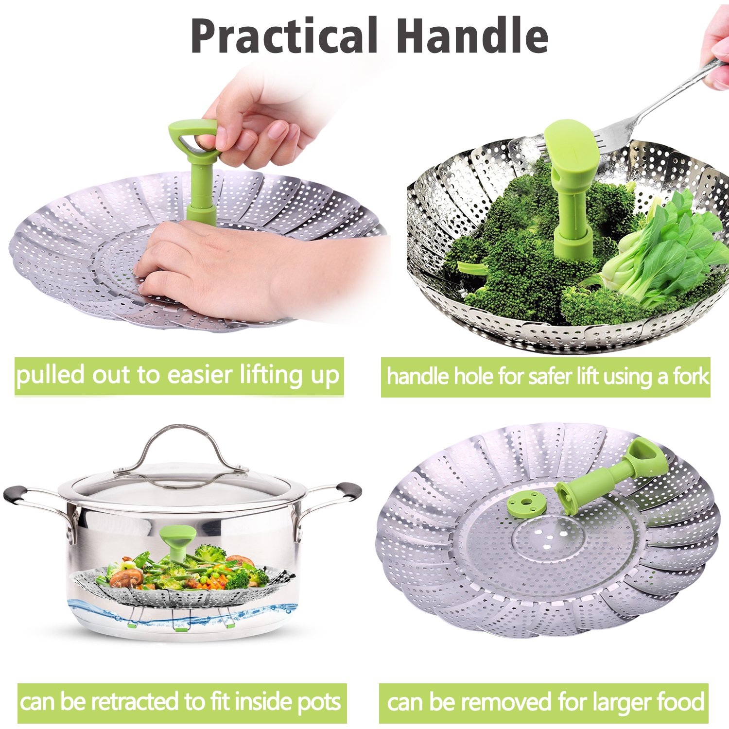 Stainless Steel Expandable Vegetable Steamer Basket for Cooking - Folding Steamer Insert with Extendable Handle Fits 6.4
