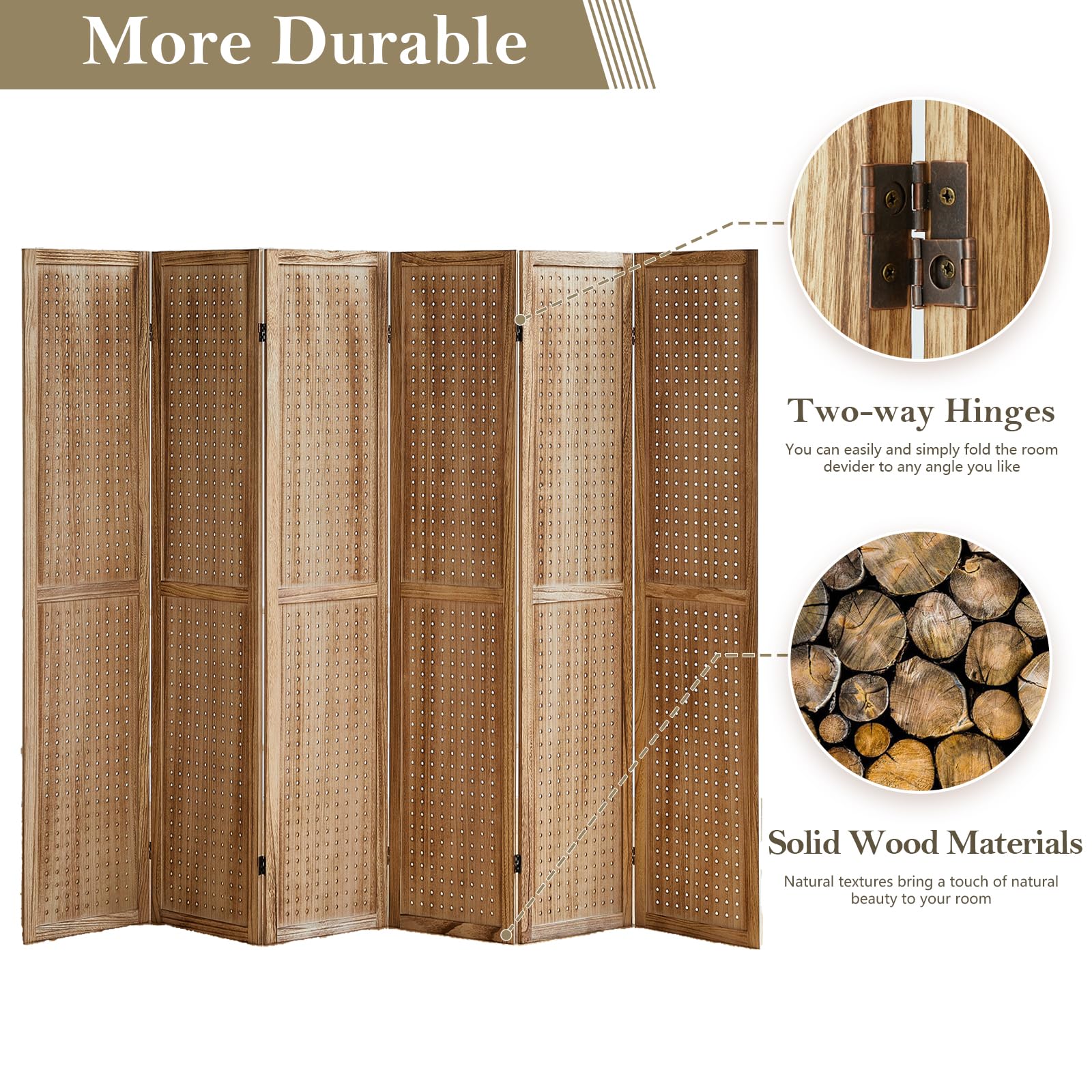 6 Panel Wooden Room Divider - 5.6Ft Folding Privacy Screen & Pegboard Display for Bedroom, Store, Jewelry | Portable Organizer with Light Brown Finish | Perfect for Home Office, Retail Displays & Room Partition