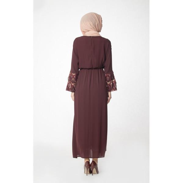 Elegant Burgundy Sequined Party Dress for Women - Abaci Modest Formal Gown 12956 - Perfect for Evening Events, Weddings & Special Occasions