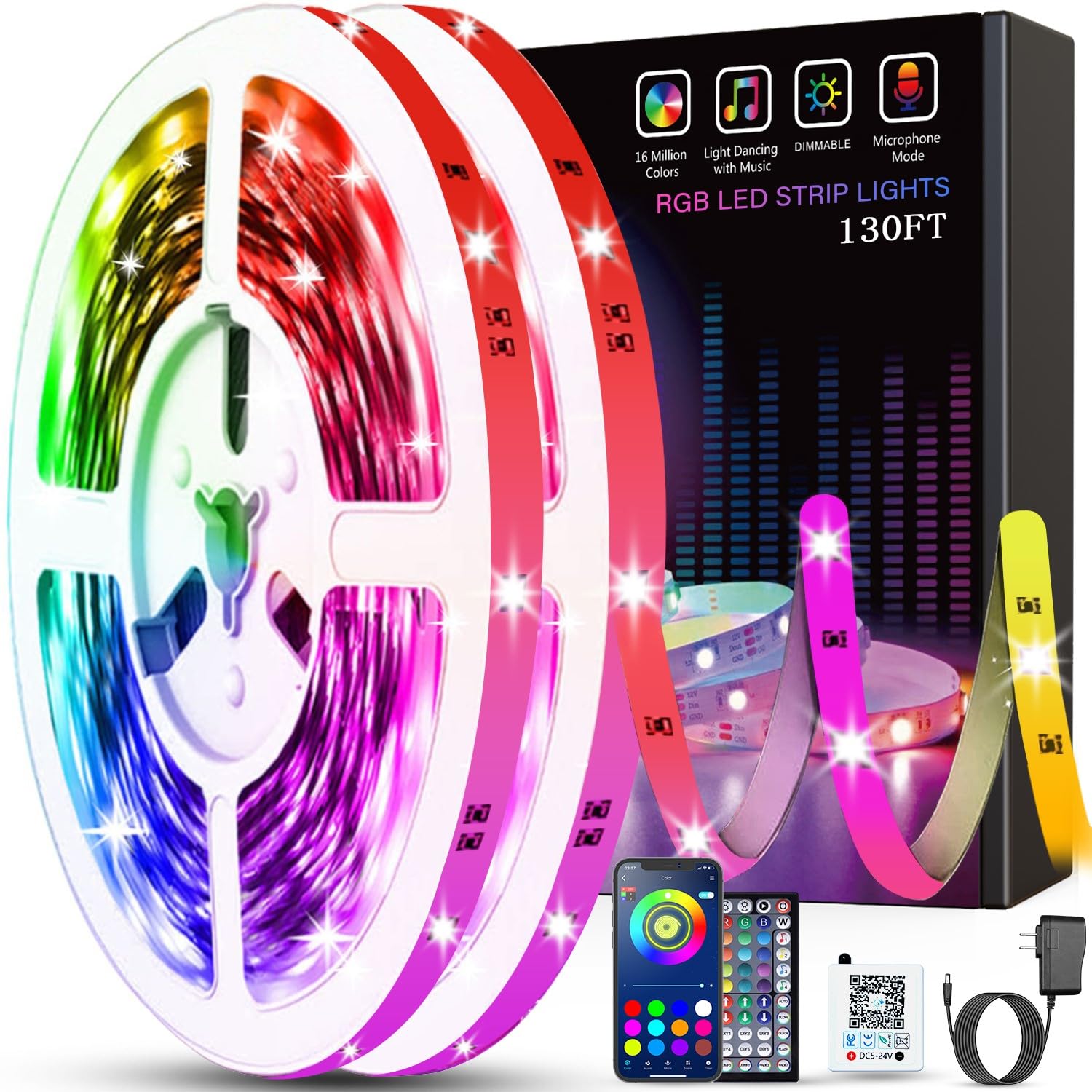 Tenmiro 130ft RGB LED Strip Lights with Remote & App Control - Music Sync Color Changing Lights for Bedroom, Home, Party Decoration (2 Rolls of 65ft) - Perfect for Mood Lighting, Gaming Setup & Holiday Decor