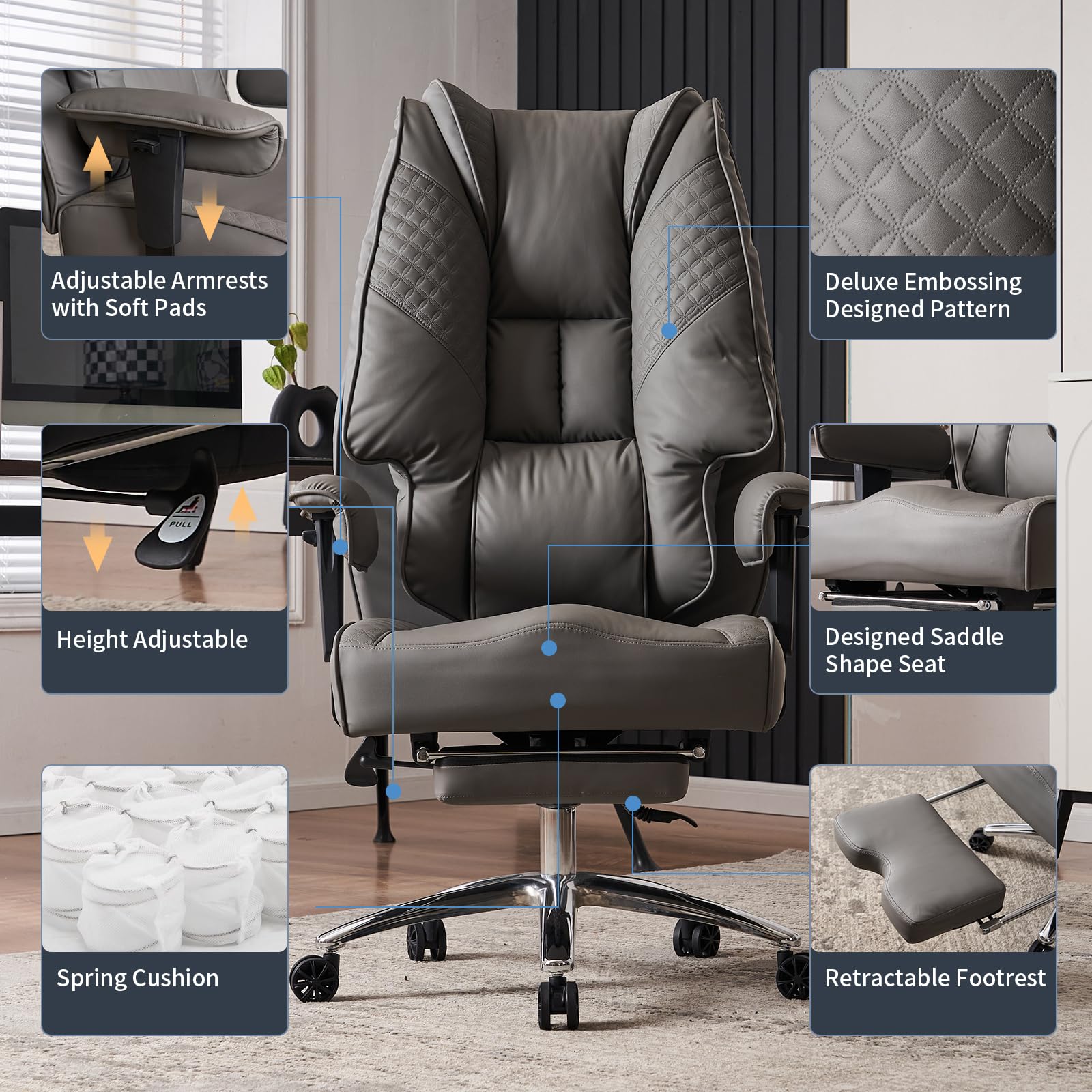 Big and Tall Office Chair for Heavy People 400lbs - Wide Seat Leather Executive Chair with High Back, Footrest & Lumbar Support - Ergonomic Computer Desk Chair for Back Pain Relief - Perfect for Home Office, Gaming & Workspace (Grey)