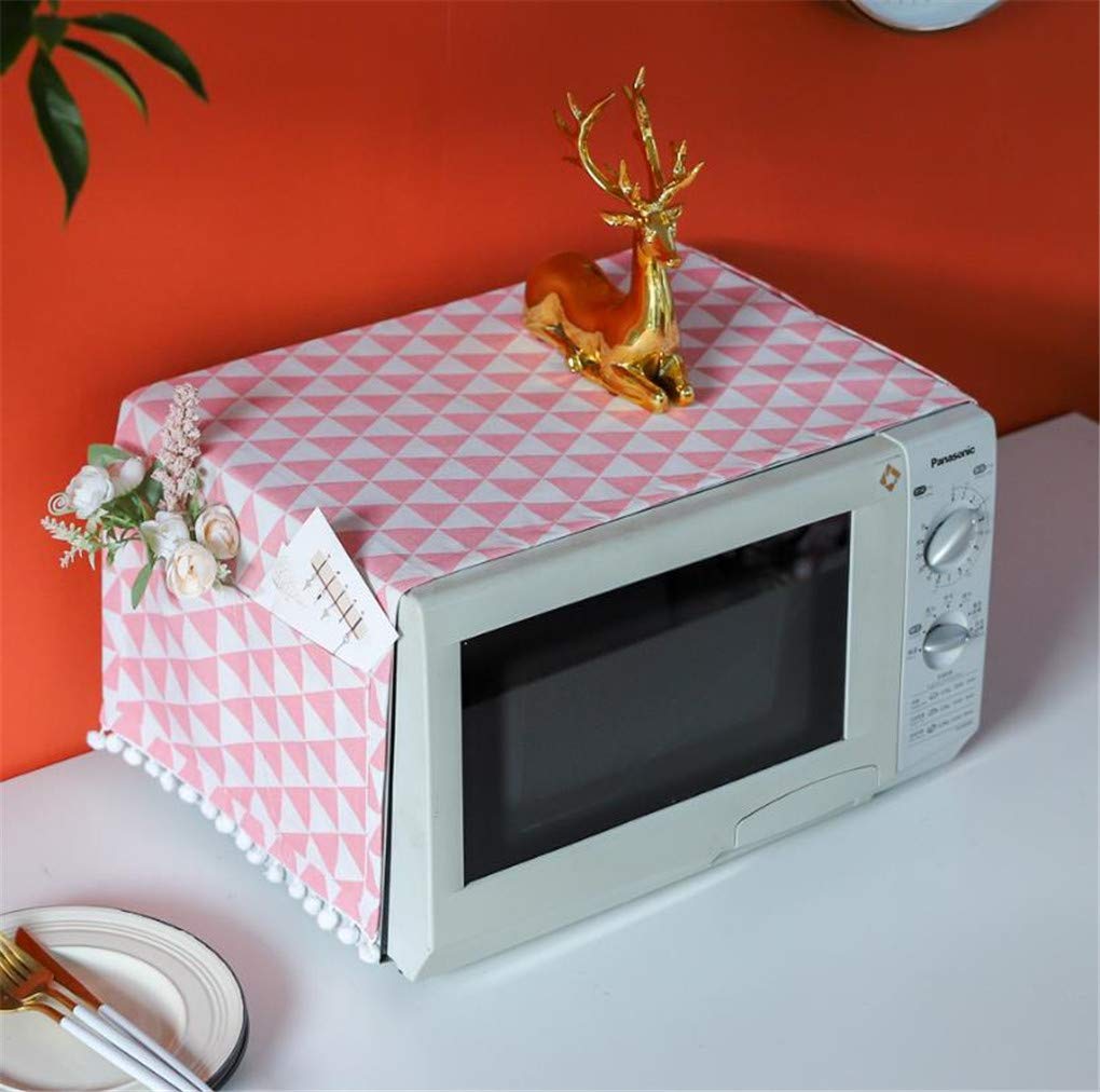 Microwave Oven Cover - Dustproof & Oil Resistant Cotton Linen Kitchen Appliance Protector with Storage Pockets (Pink Triangle) - Perfect for Microwave, Toaster & Small Appliance Protection